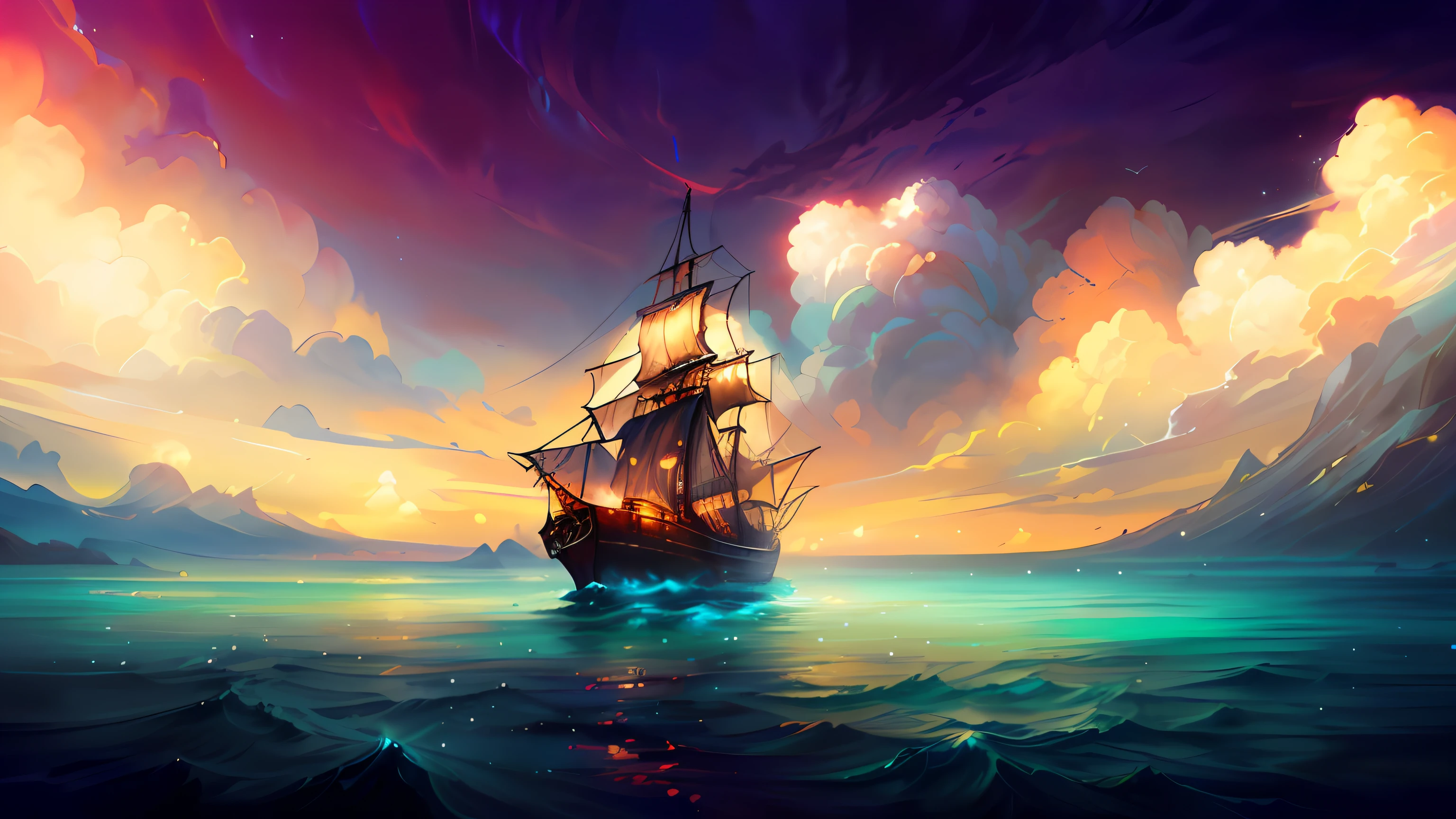 painting of a ship in the ocean with a cloudy sky, inspired by Cyril Rolando, in style of cyril rolando, beautiful digital painting, lot detailed. digital painting, painted in high resolution, gorgeous digital painting, 4k highly detailed digital art, old pirate ship, one piece ship sailing, gothic ship on ocean, pirate ship, stunning digital painting