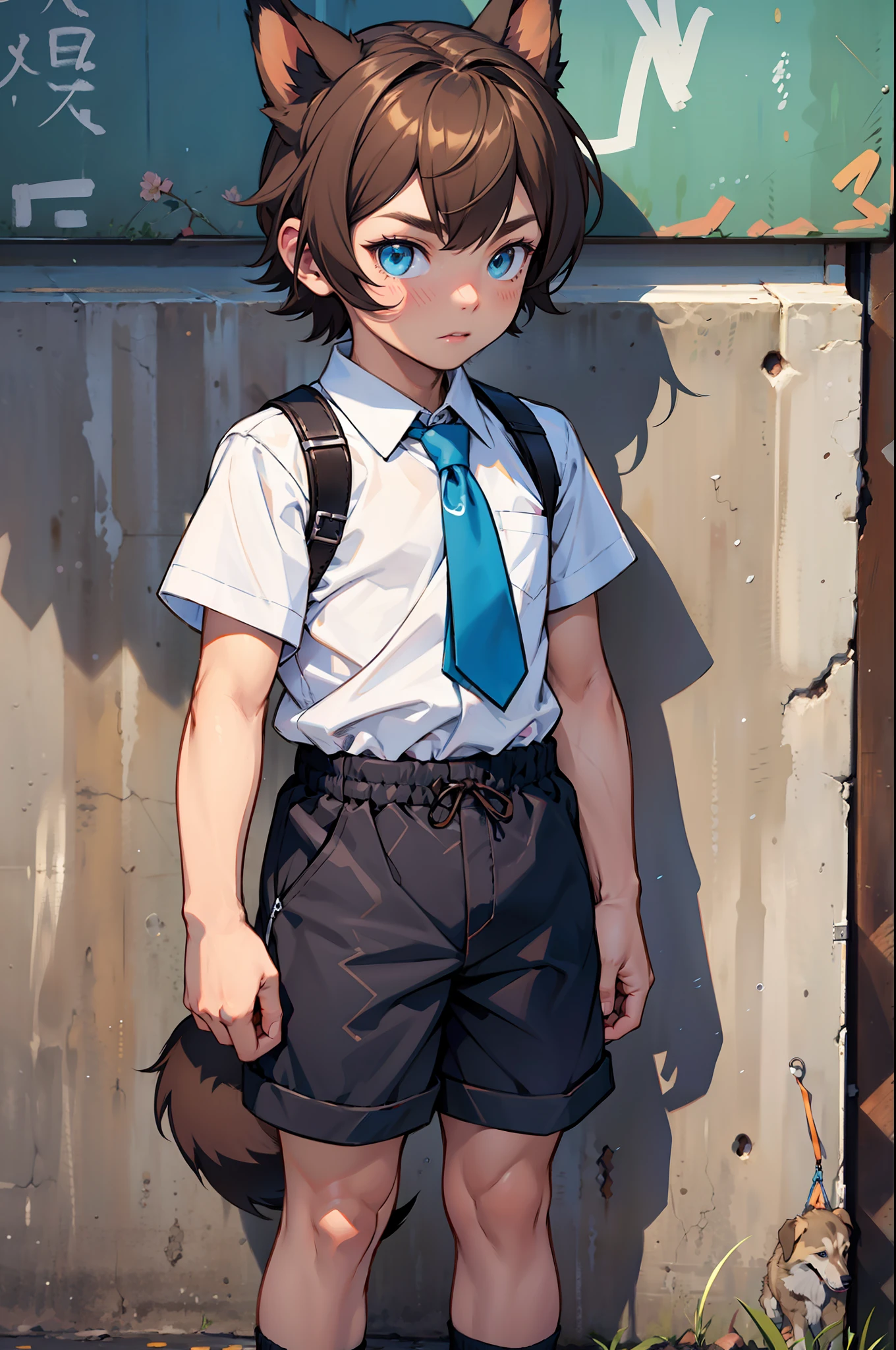 A toddler, dog boy, brown hair, bright blue eyes, white shirt and shorts, dog ears and dog tail