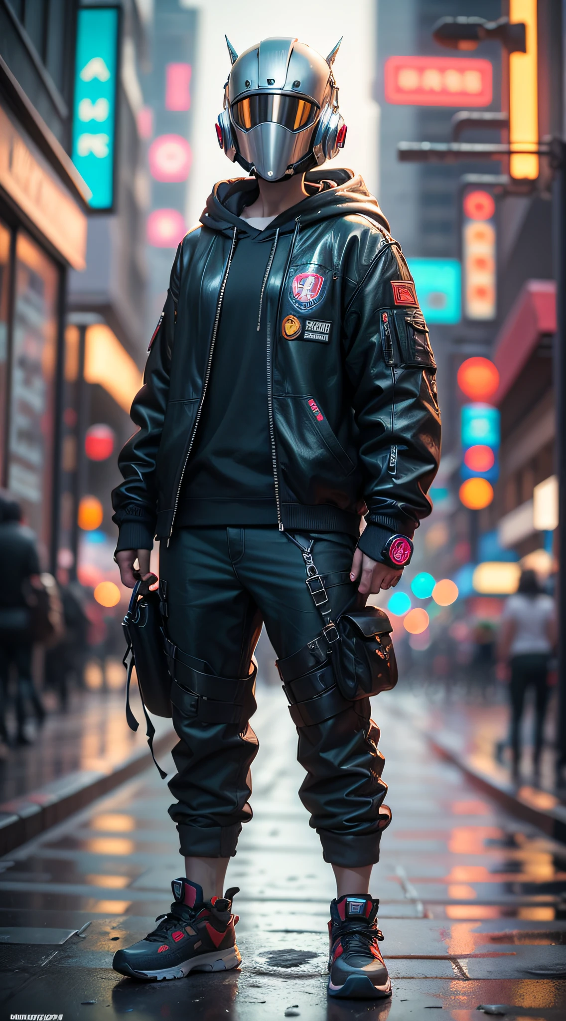 (masterpiece, full body shot, intricate raw photography)cyberpunk citizen in samurai pineapple pattern oversized hoodie, anime, rocketeer, daftpunk style helmet, neon light details, intricate, futuristic, sharp, precise focus, random pose, cyberpunk city, street neon lights, insta photo, photo of the year, cinema4d, dramatic, lights and shadows, natron, substance, maya, rendered octane, with Rev Animated art style.