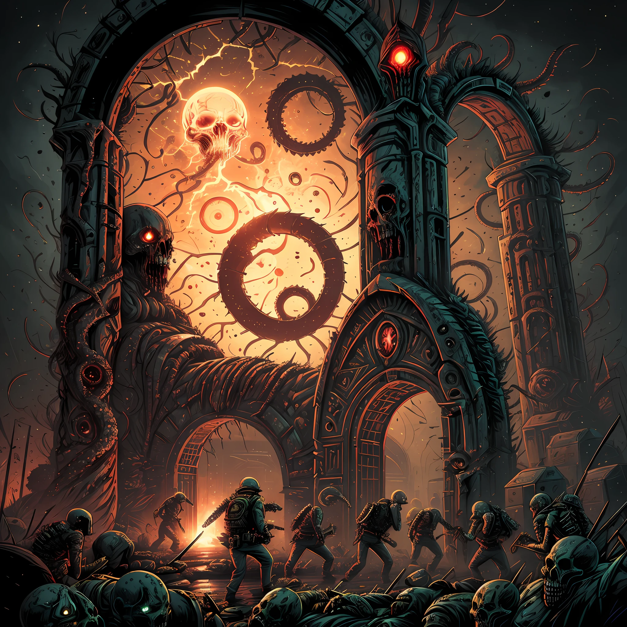 A brutal battle, Dead and sicks and zombies fighting yourselves, under a horror gateway with biomechanical rotting arch, brutality, cosmic horror, tentacles, dark environment, night, horror, blood, fantastic, fear, panic, despair. Horror art, unreal engine, UHD, sketch color drawing. Illustration by Derek Riggs
