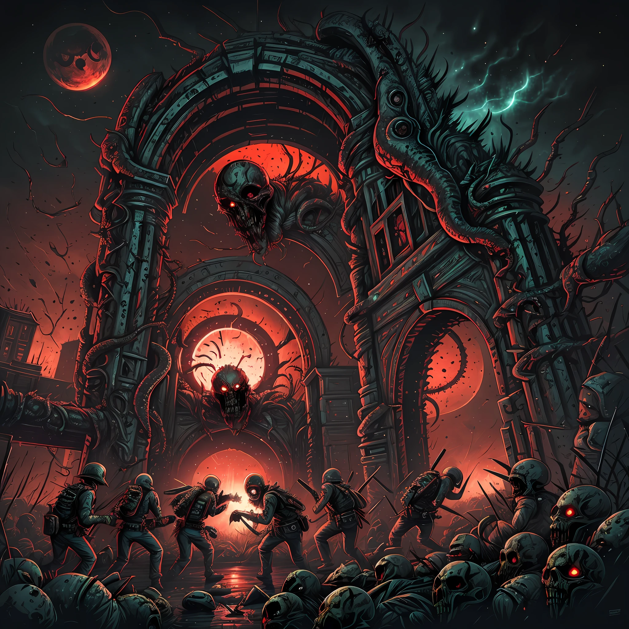 A brutal battle, Dead and sicks and zombies fighting yourselves, under a horror gateway with biomechanical rotting arch, brutality, cosmic horror, tentacles, dark environment, night, horror, blood, fantastic, fear, panic, despair. Horror art, unreal engine, UHD, sketch color drawing. Illustration by Derek Riggs