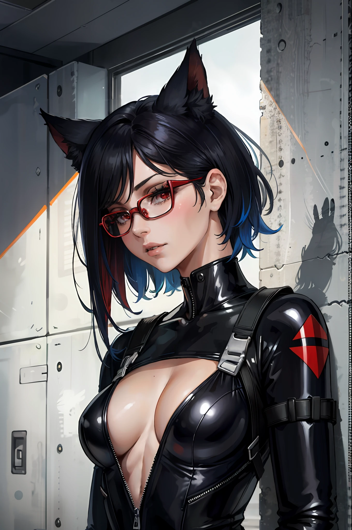 (masterpiece:1.2, best quality:1.2, beautiful, high quality, highres:1.1, aesthetic), detailed, extremely detailed, realistic, colorful, mature, 1girl, black hair, red eyes, glasses, cat ears, techwear jacket, bodysuit