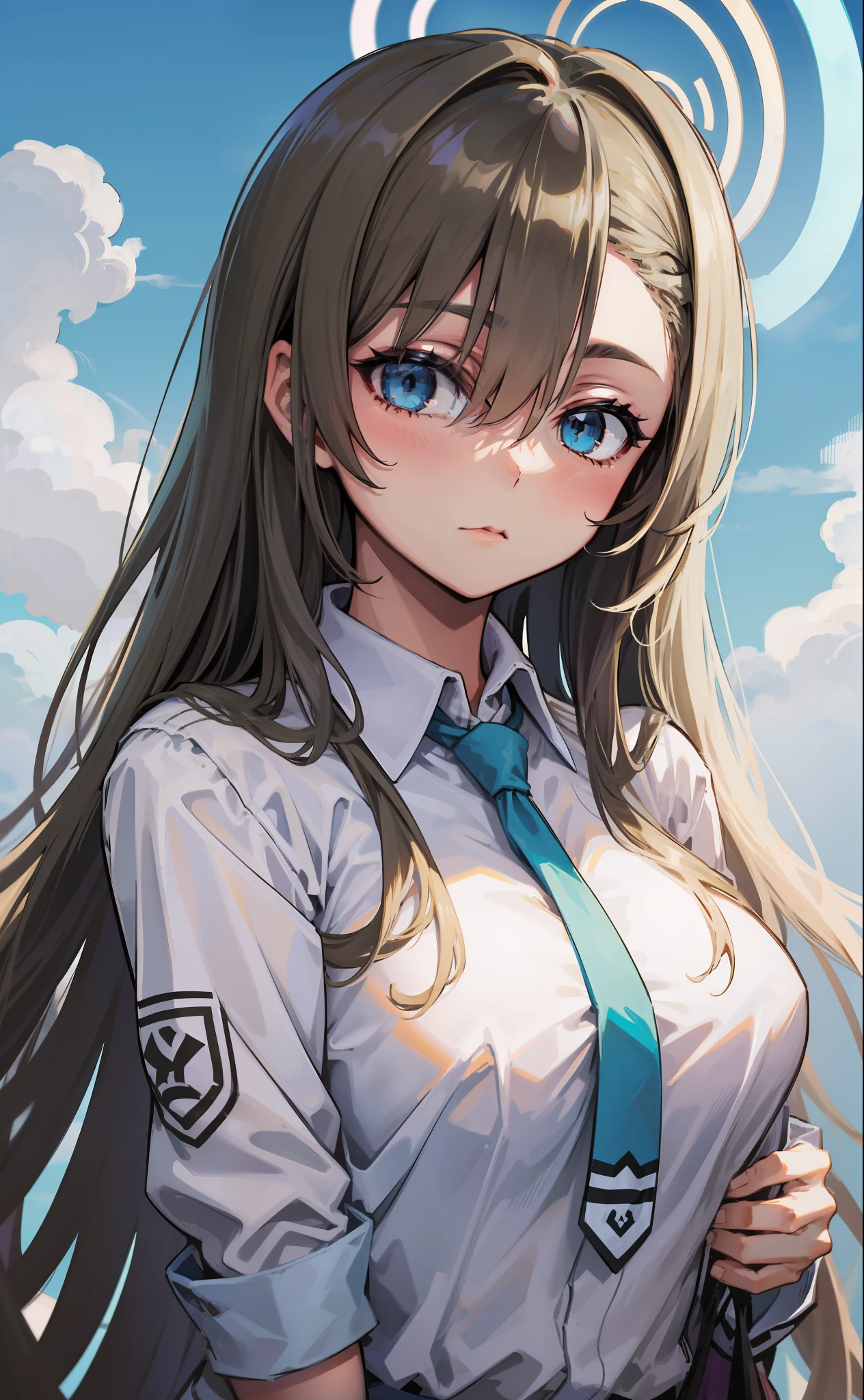 skebla, girl, Asuna, blue-eyed, long-haired, halo, hair above one eye,