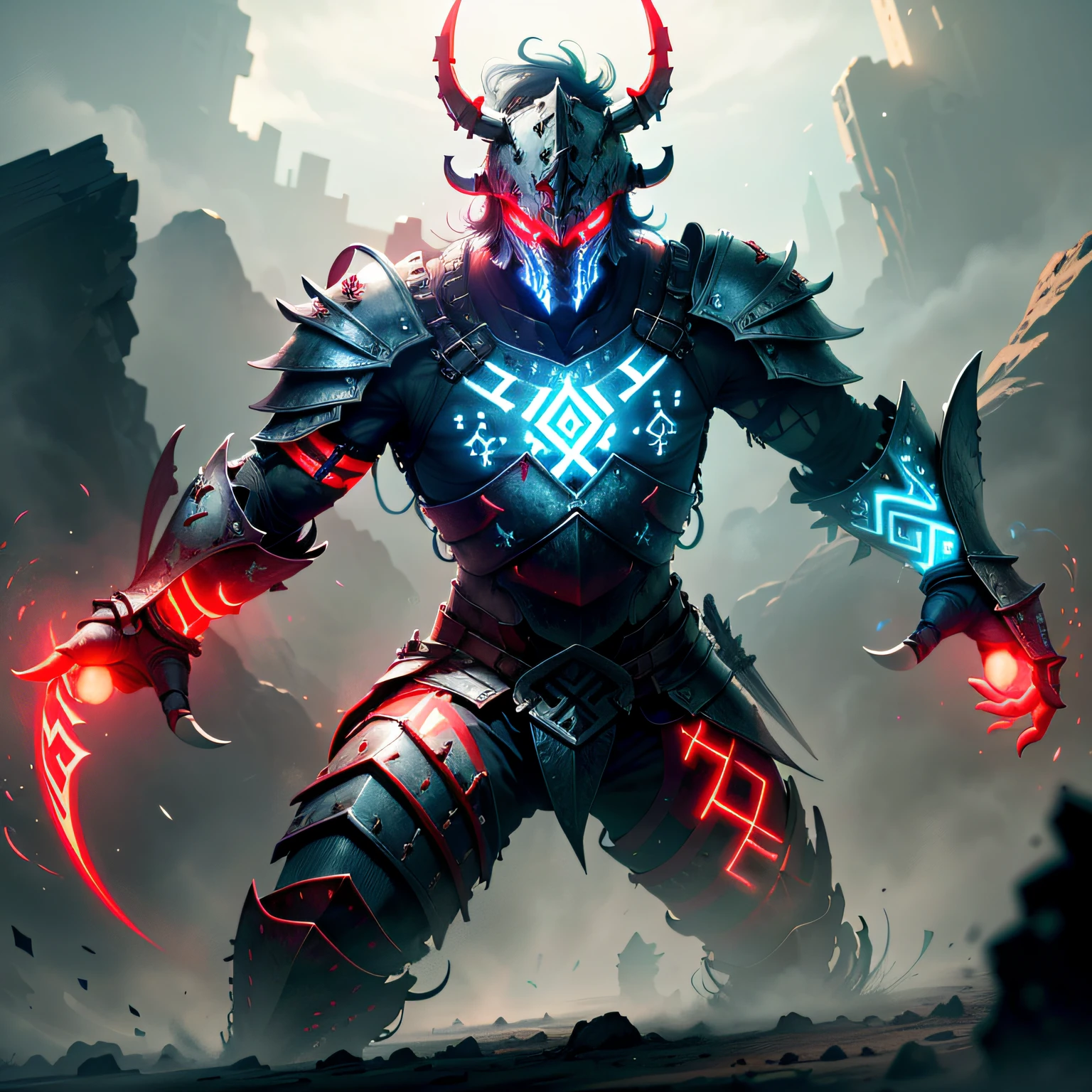 GlowingRunesAIV2_red and GlowingRunesAIV2_paleblue warrior in armor
