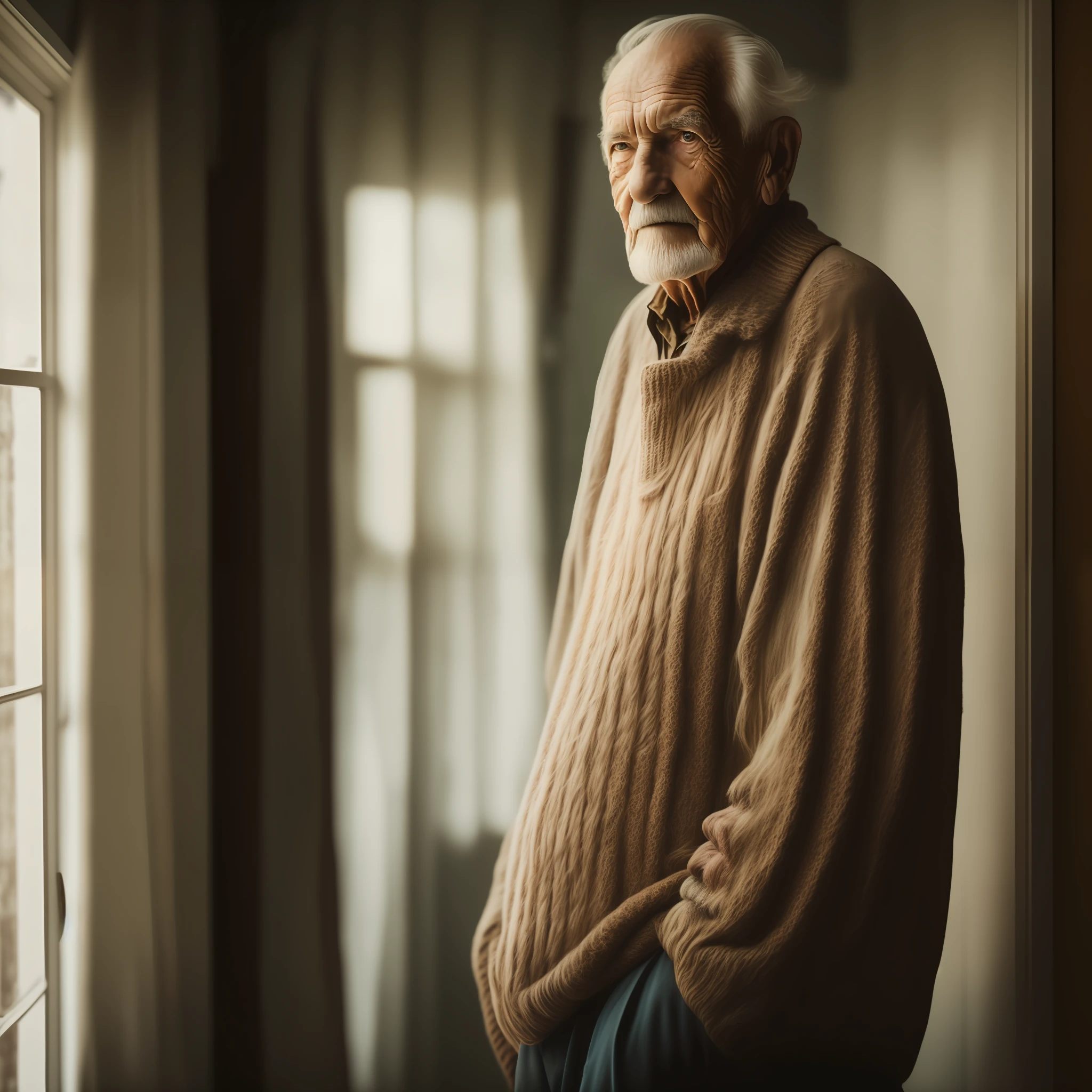 photo of an old man in a house, looking at the camera, wisdom