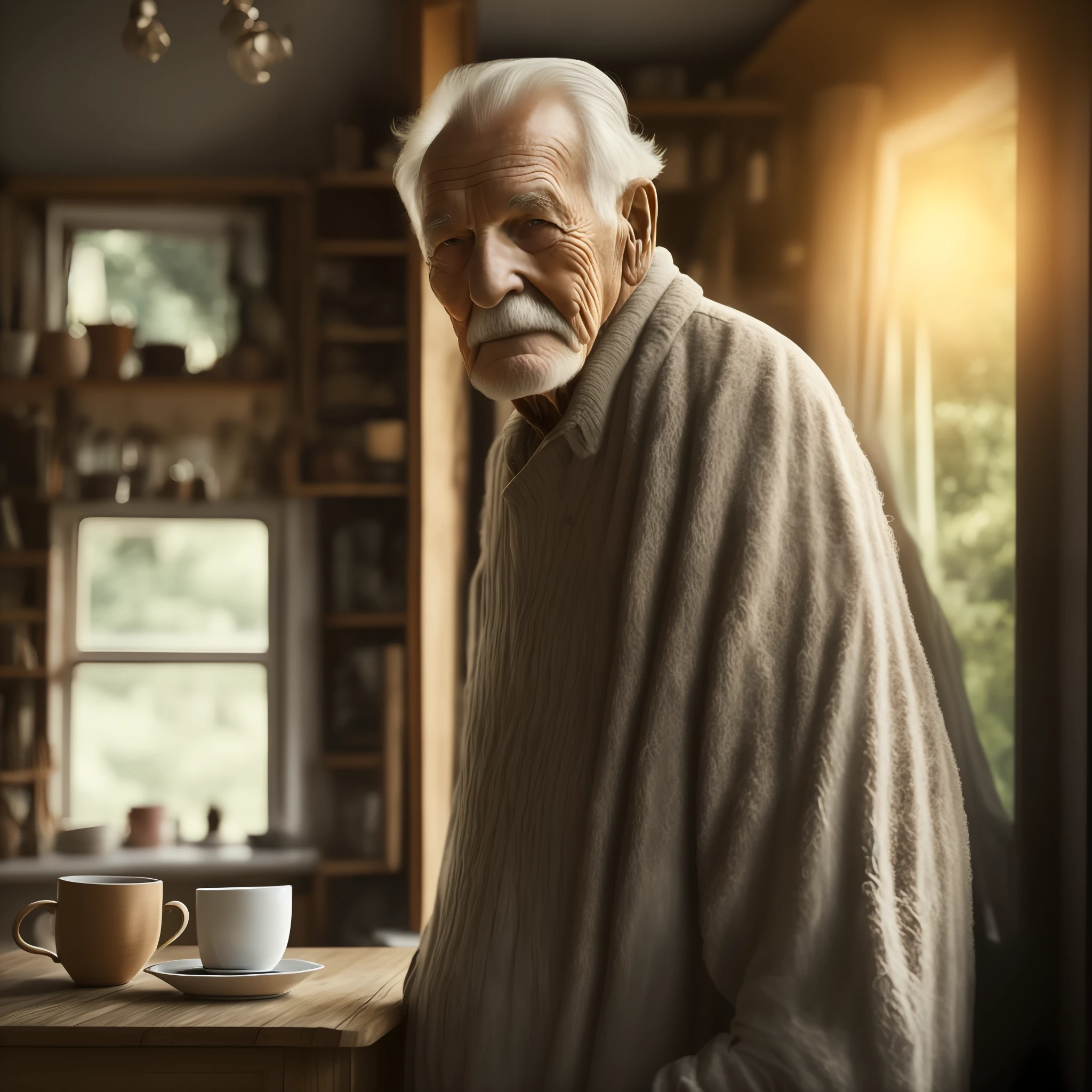 photo of an old man in a house, looking at the camera, wisdom