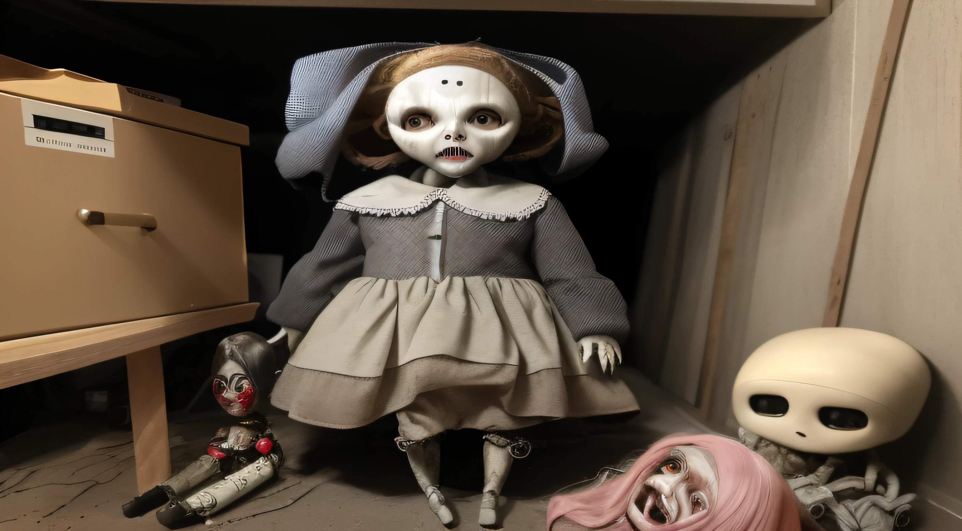 there is a doll and a doll doll in a room, doll phobia, creepy child, several dolls in one photo, the mekanik doll, large creepy eyes, creepy!!, creepy and unsettling, creepy art, the'other mother'from'coraline ', detailed and creepy, creepy uncanny valley, very creepy, hyperrealistic nightmare scene, very very creepy