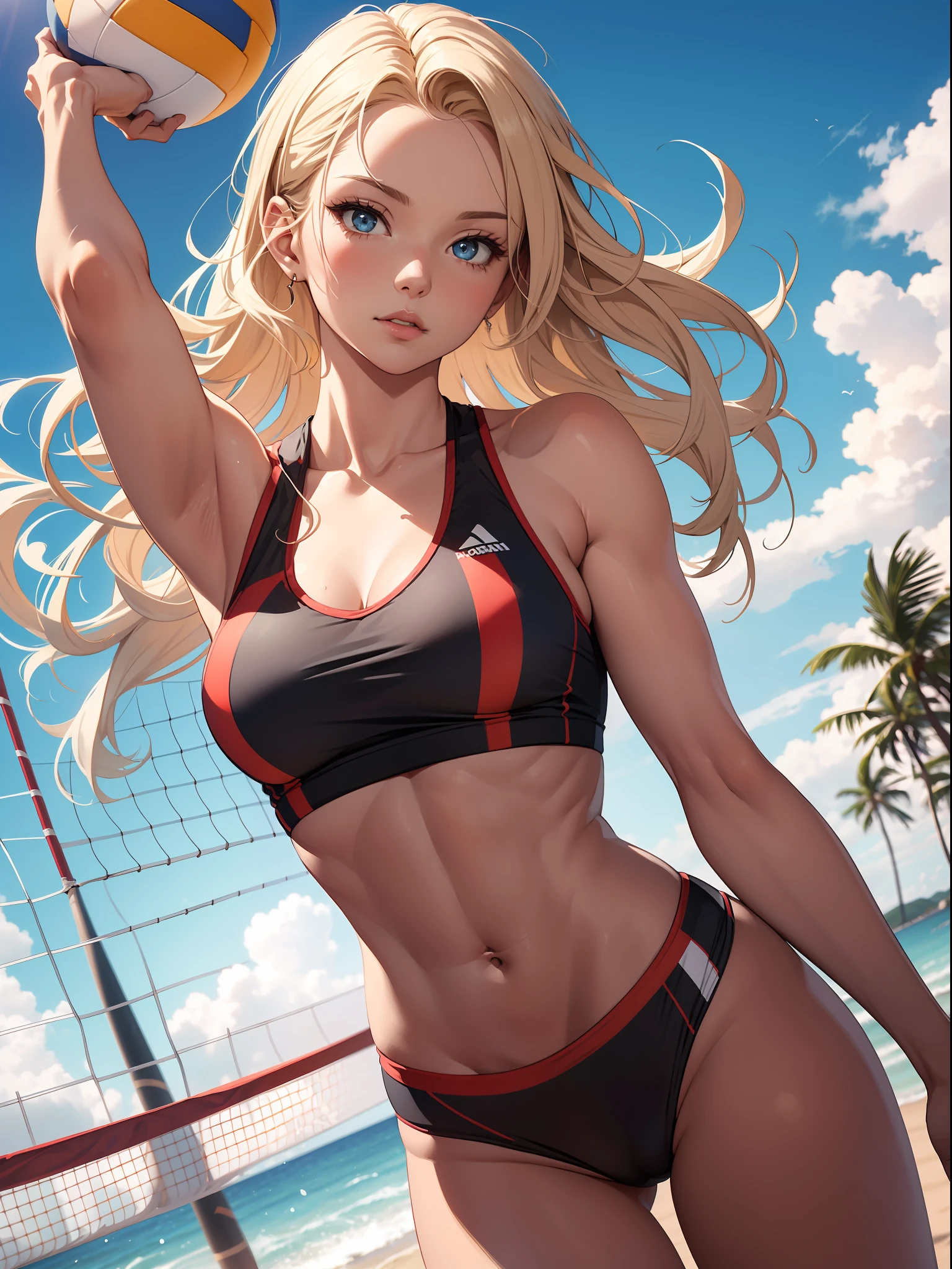 best quality, masterpiece, detailed, intricate, beautiful girl, muscular, sexy, tomboy, blonde, attractive, playing beach volleyball, beautiful beach, aesthetic, artistic, cinematic, natural lighting, summer