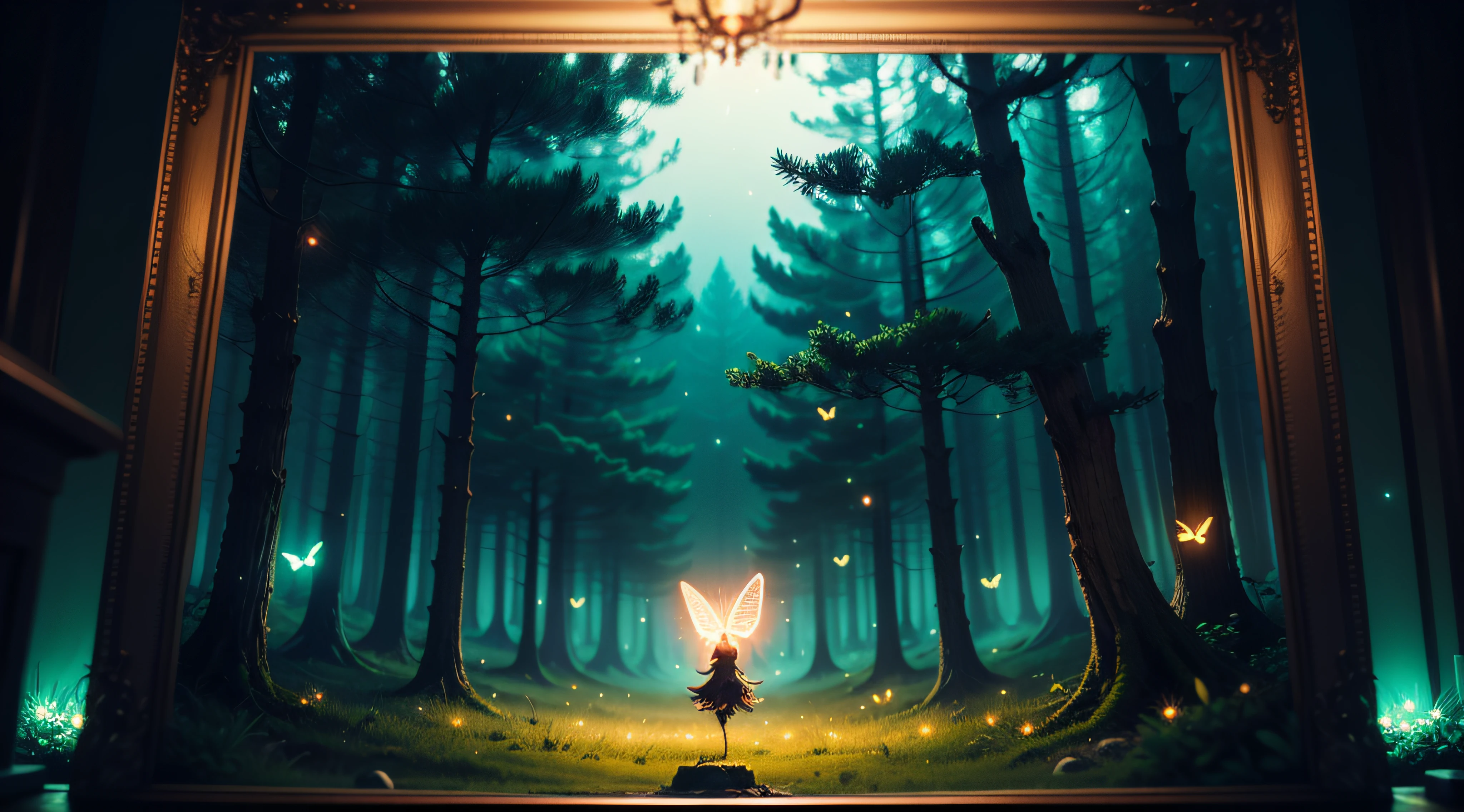 neon glow butterfly, in a dark fantasy forest, with fogs, 4D cinema creation, magic, centered, center of image, framed, vignette, octane rendering, dreamcore, night blur background, fireflies jumping in the air --auto