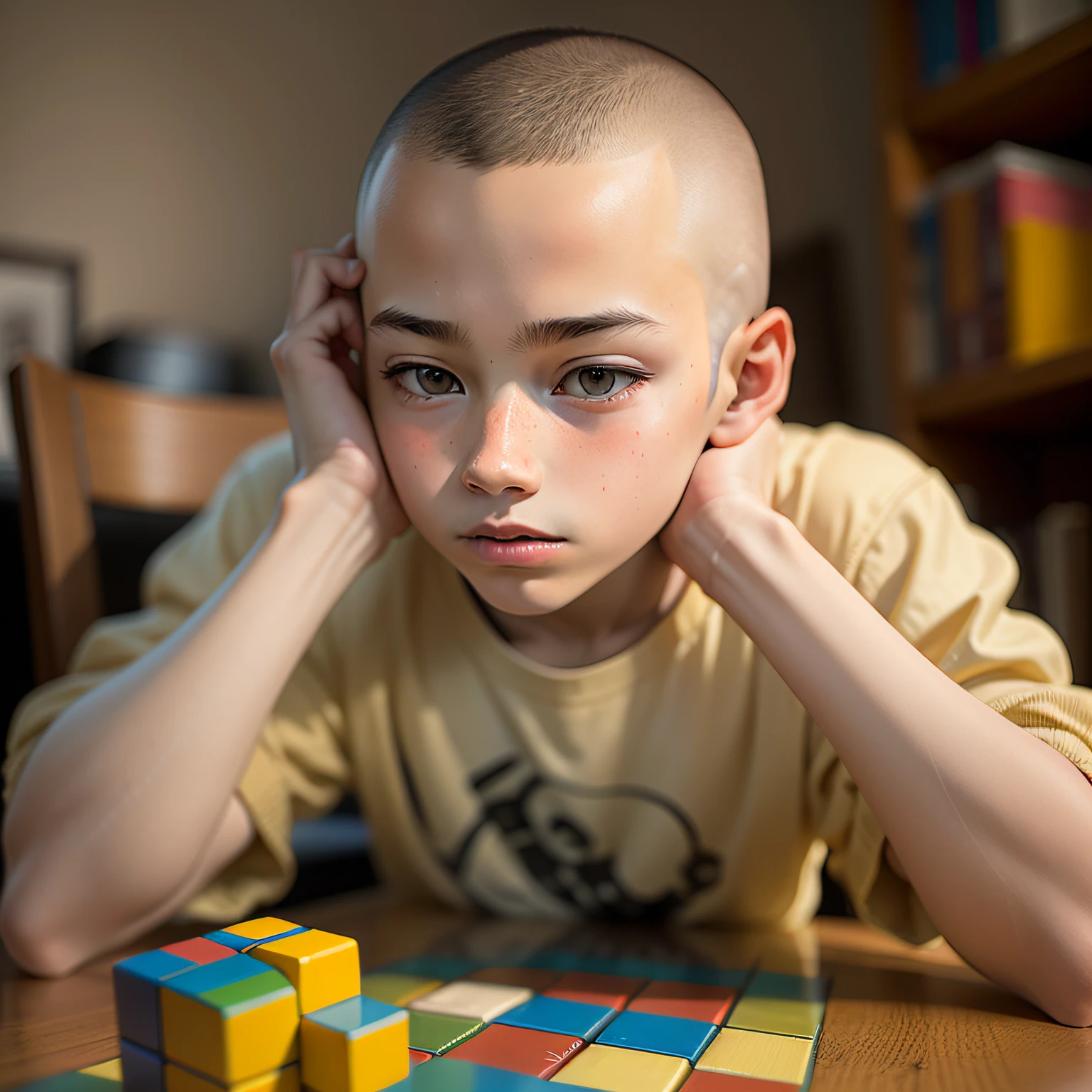 Intelligent 13-year-old boy with shaved head, solving Rubik's Cube