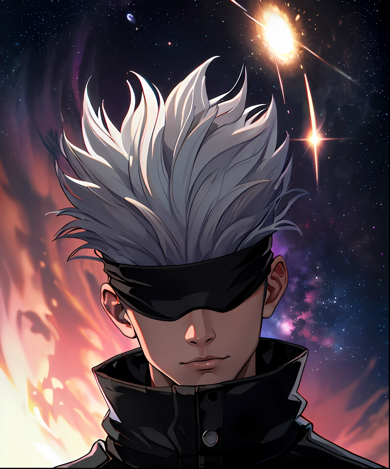 (absurdres, highres, ultra detailed, HDR), masterpiece, best quality, 1man, solo, beautiful, short hair, white hair, blindfolded black, black jacket, gojo, galaxy background