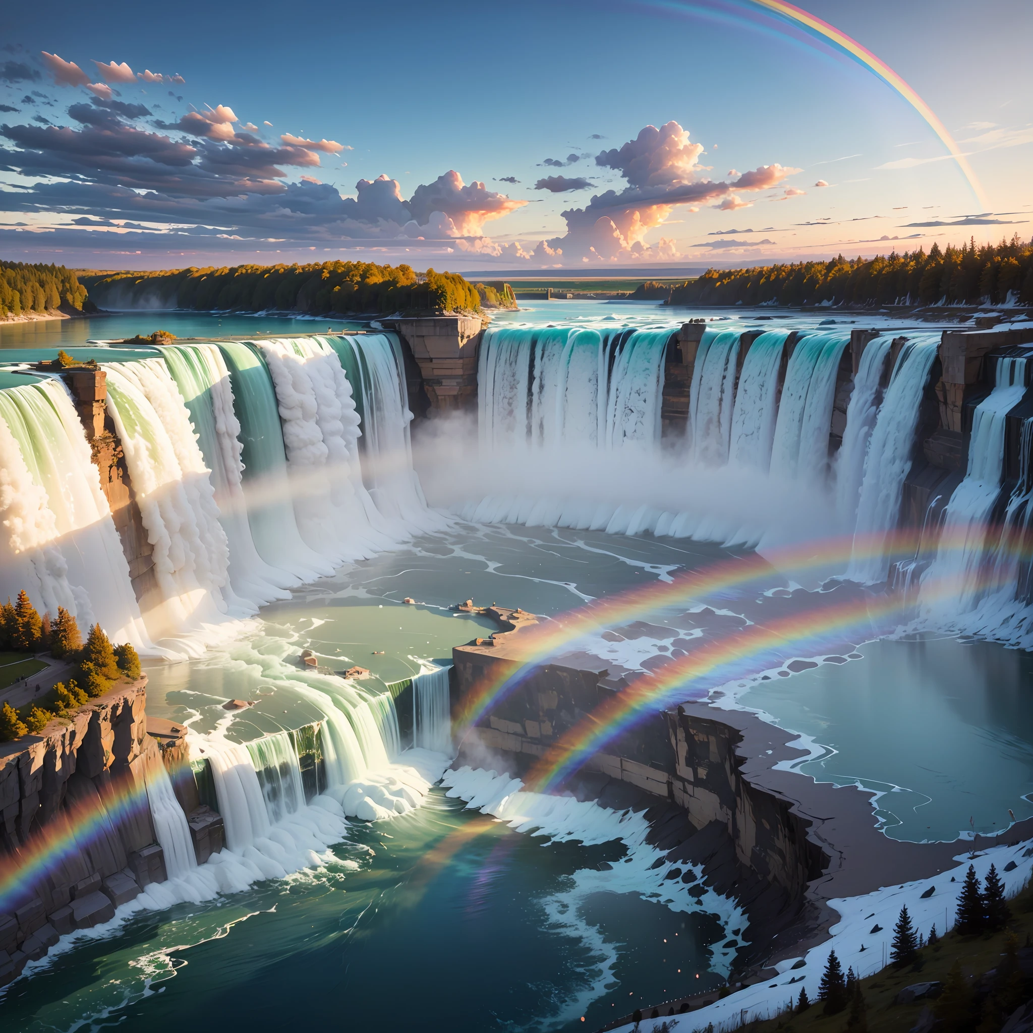Rainbows reflected in Niagara Falls at sunset, feeling the vast workings of the earth and nature, stunning scenery and splashes, magnificent energy integrated with space --auto --s2