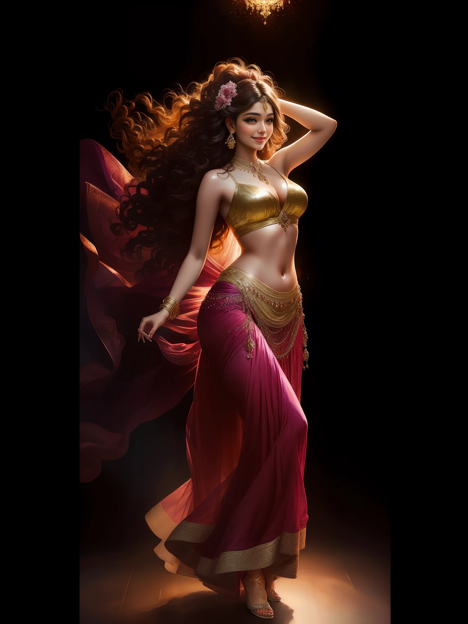 (full body masterpiece photography realistic) of a (solo:1.2) alluring sexy ravishing curvy indian belly dancer aYESHA tAKIA aISHWARYA, belly dancing in a party (wearing ravishing [violet|MAGENTA|gold] bedlah:1.3), magical moonlit starry sky, flowerpunk abstract (big flowing hair with highlights), (detailed intricate face:1.3) (hair accessories), dynamic, vivacious, lustful glance, exhilarated (beautiful detailed eyes:1.1) , (passionate smile:1.3) intense dramatic lighting, depth of field, bokeh, backlit, light rays, highly detailed, trending on artstation, paint splashes, rich colour, wind all around, abstract portrait, by Ron hicks