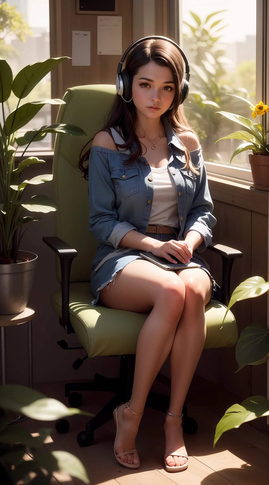 woman sitting in a chair with headphones on and a laptop, sitting in chair, sitting on chair, casual pose, sitting in a chair, sitting on a chair, shot on canon eos r5, shot on canon eos r 5, realistic afternoon lighting, captured on canon eos r 6, casual photography, siting in a chair, with backdrop of natural light