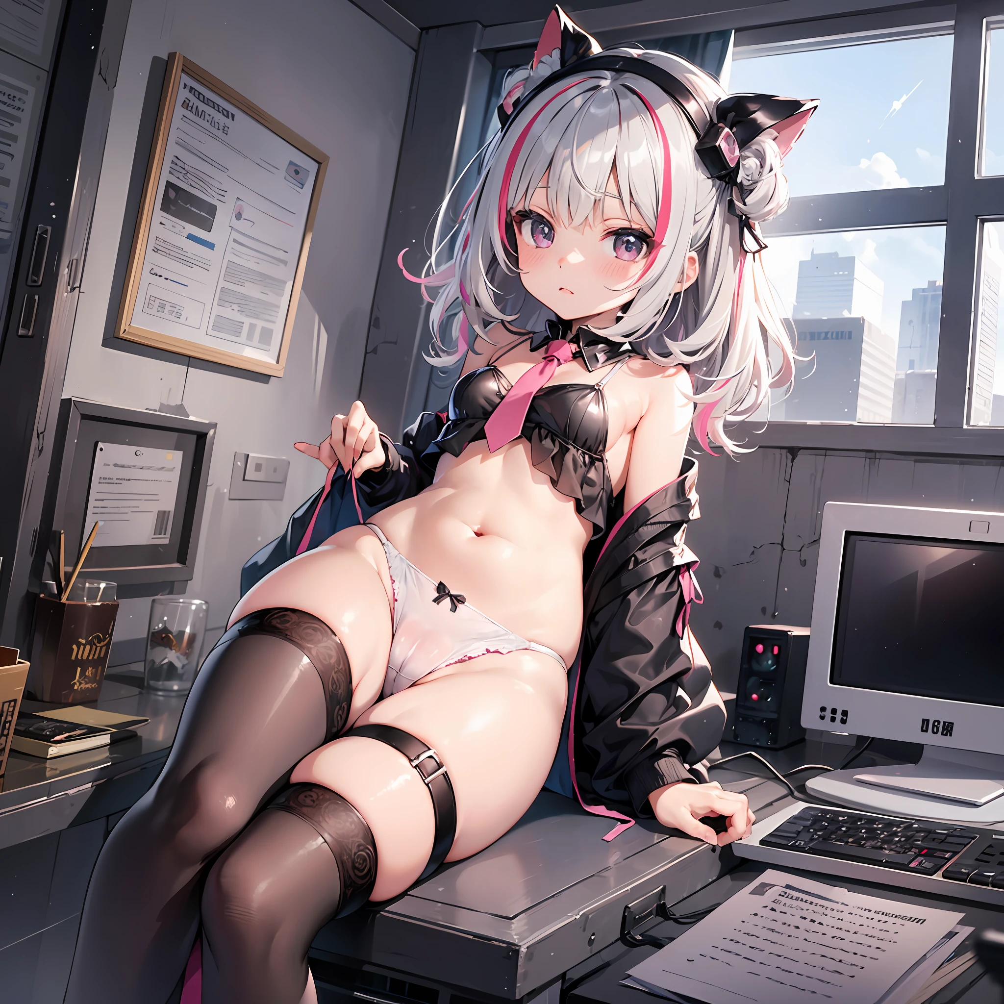(nsfw:1) short stature best_quality hair streaked pink summer room wear gray hair full body loli small tits girl future thigh high cute child shape masterpiece plain clothes anime one person medium hair sci-fi, skirlt lift side_tie_panties {{{cameltoe}}} lifted by self
