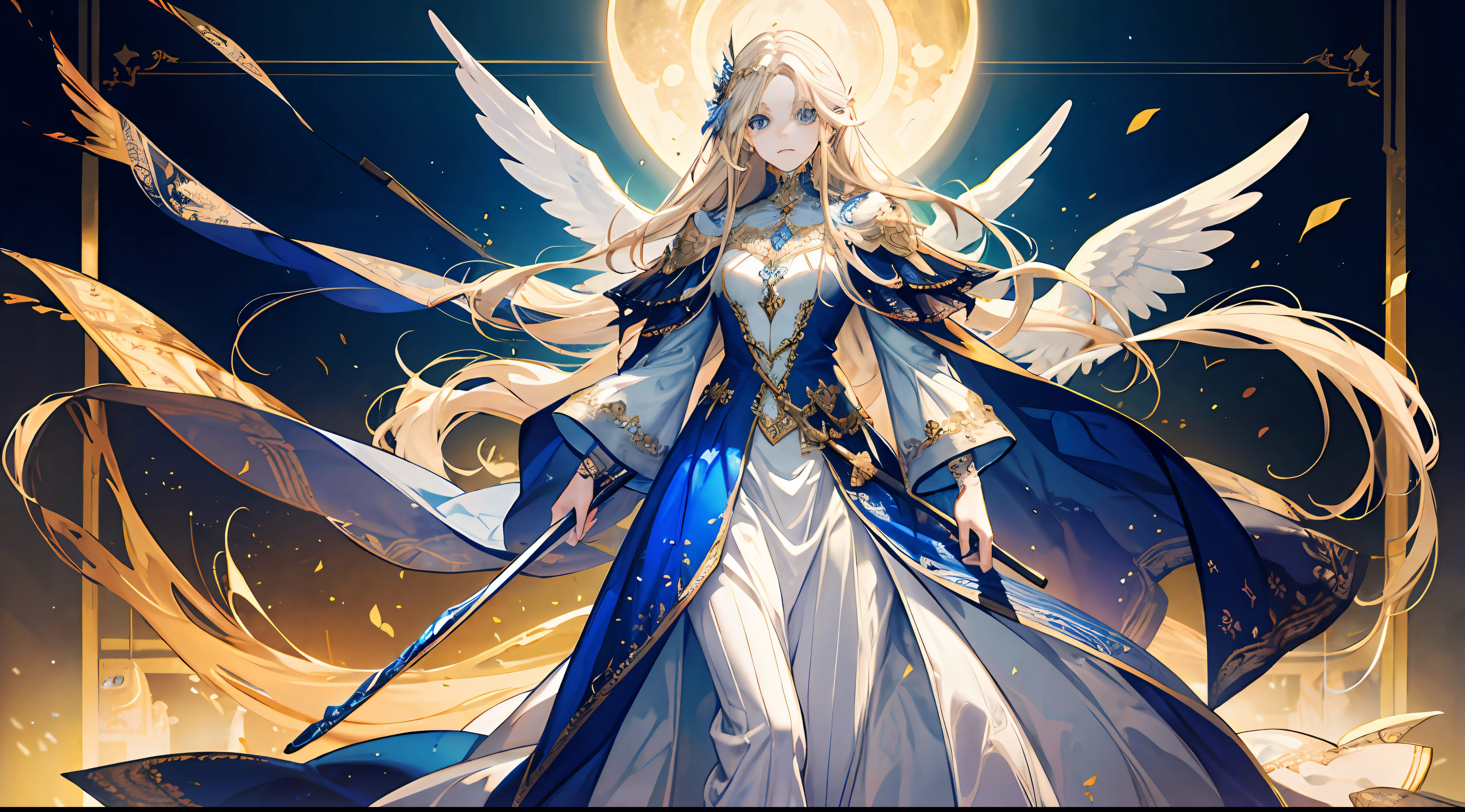 16k, best quality, a woman, tall, beautiful, otherworldly, elegant, blue eyes, full body, long blonde hair, platinum dress, (exquisite), long skirt, golden armor, extreme details, golden streamer surrounding, angel descending, masterpiece, concept art, hands open, facial details presented, great, palatial palace with background, (princess outfit), dignified,