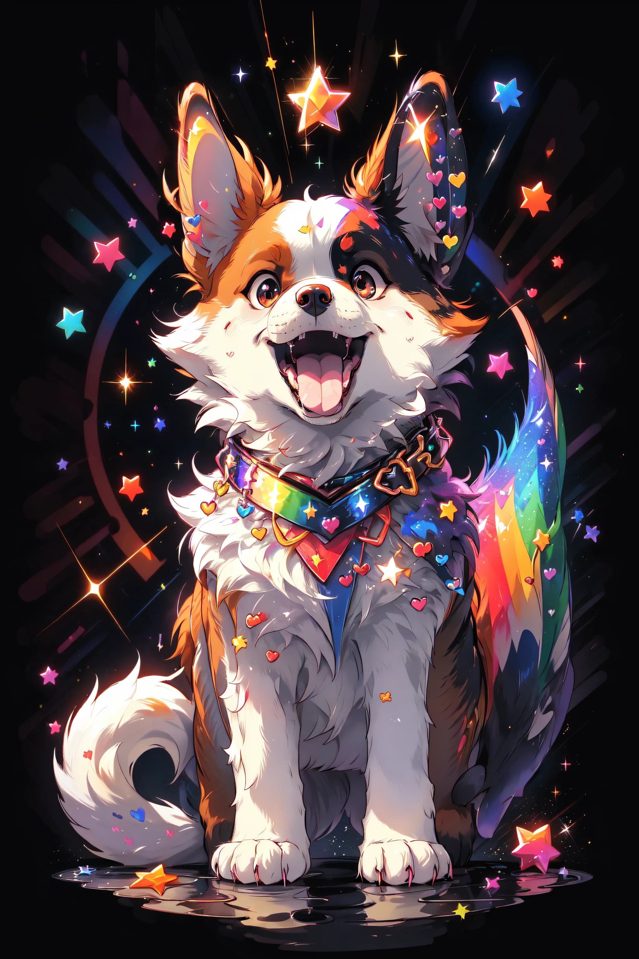 Niji Pride, solo, smile, open mouth, tail, heart, tongue, tongue out, star (symbol), collar, no humans, sparkle, fangs, looking up, dog, animal focus, sparkling eyes, fluffy