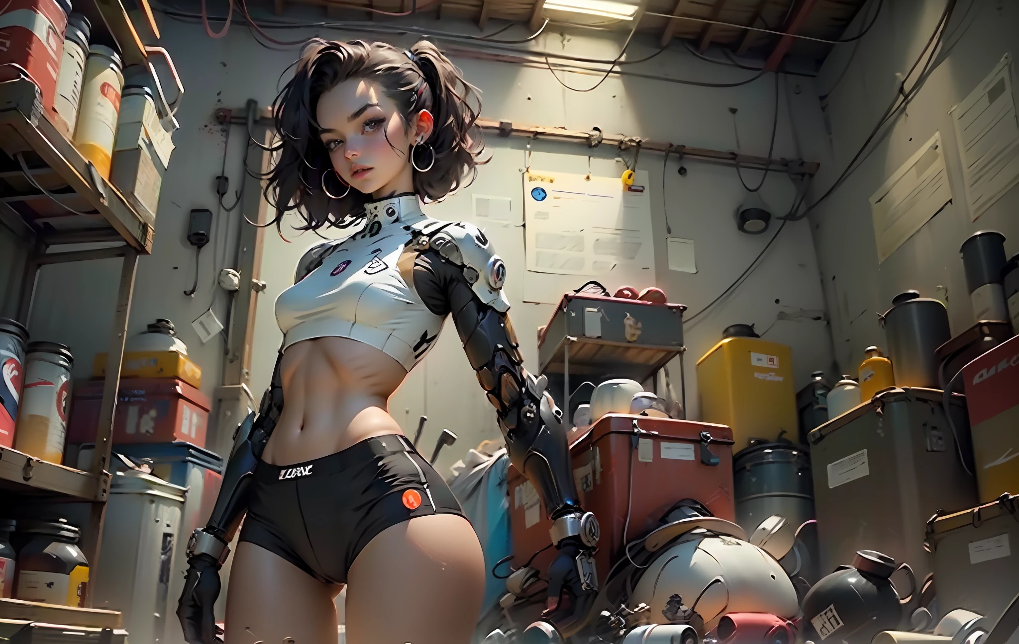 Woman body defined thick thighs cybernetic body parts, short underwear