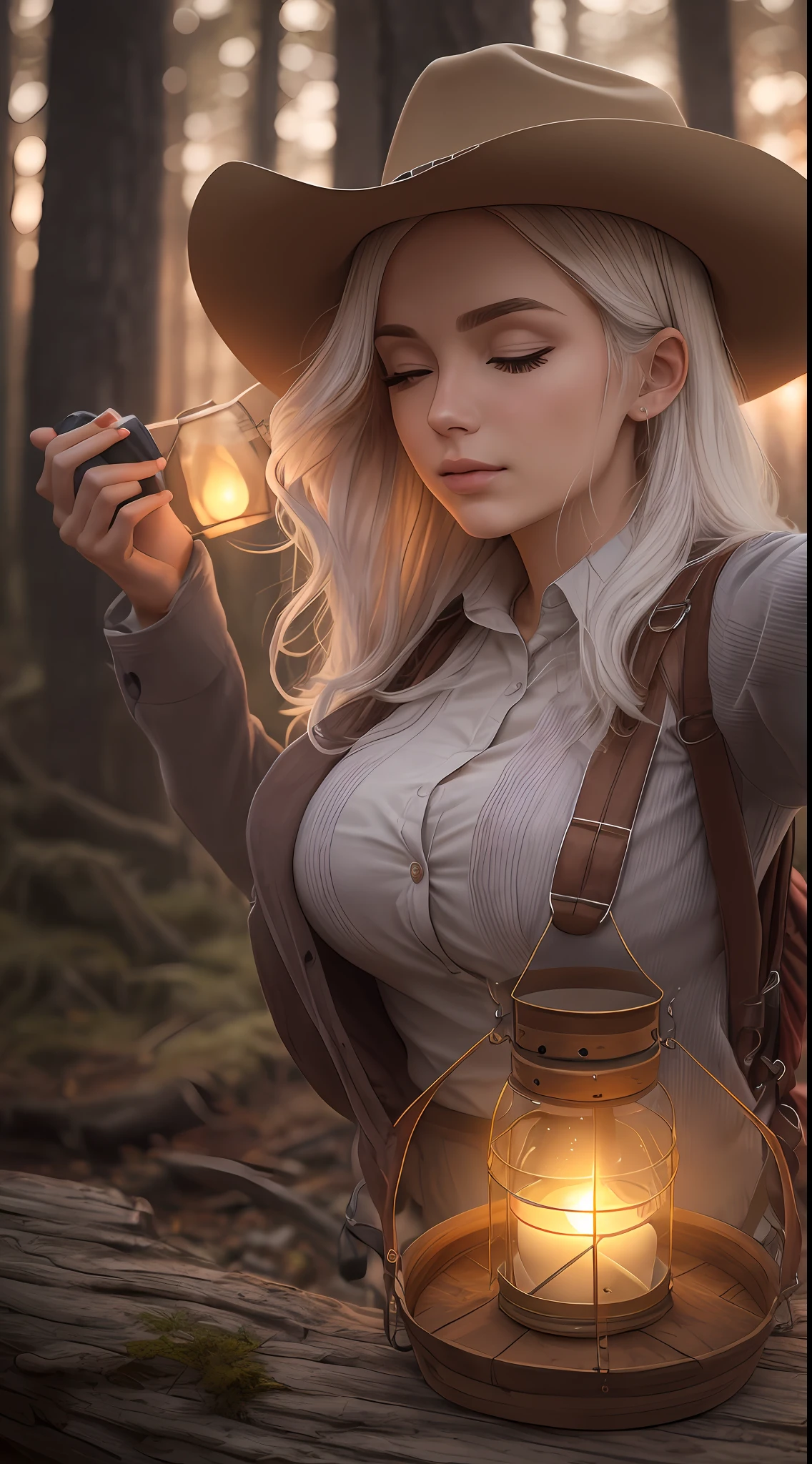attractive nordic woman holding a lantern, soft light, shy, ((upper body selfie, innocent)), masterpiece, best quality, ultra-detailed, solo, outdoor, (sunset) , mountains, nature, (stars, sun) , shy, backpack, sleeping bag, camping stove, water bottle, brown cowboy boots, cowboy hat, red plaid shirt long sleeve top buttons open to show off white blouse, top button ready to pop off holding back big breast, big brests, lantern, forest, rocks, river, wood, smoke, shadows, contrast, clear sky, style, (warm hue, warm tone: 1.2), close-up, cinematic light, side lighting, ultra high resolution, best shadow, RAW, upper body, wearing lingerie, seductive look, huge breasts, 4k, open neckline, sexy --auto --s2