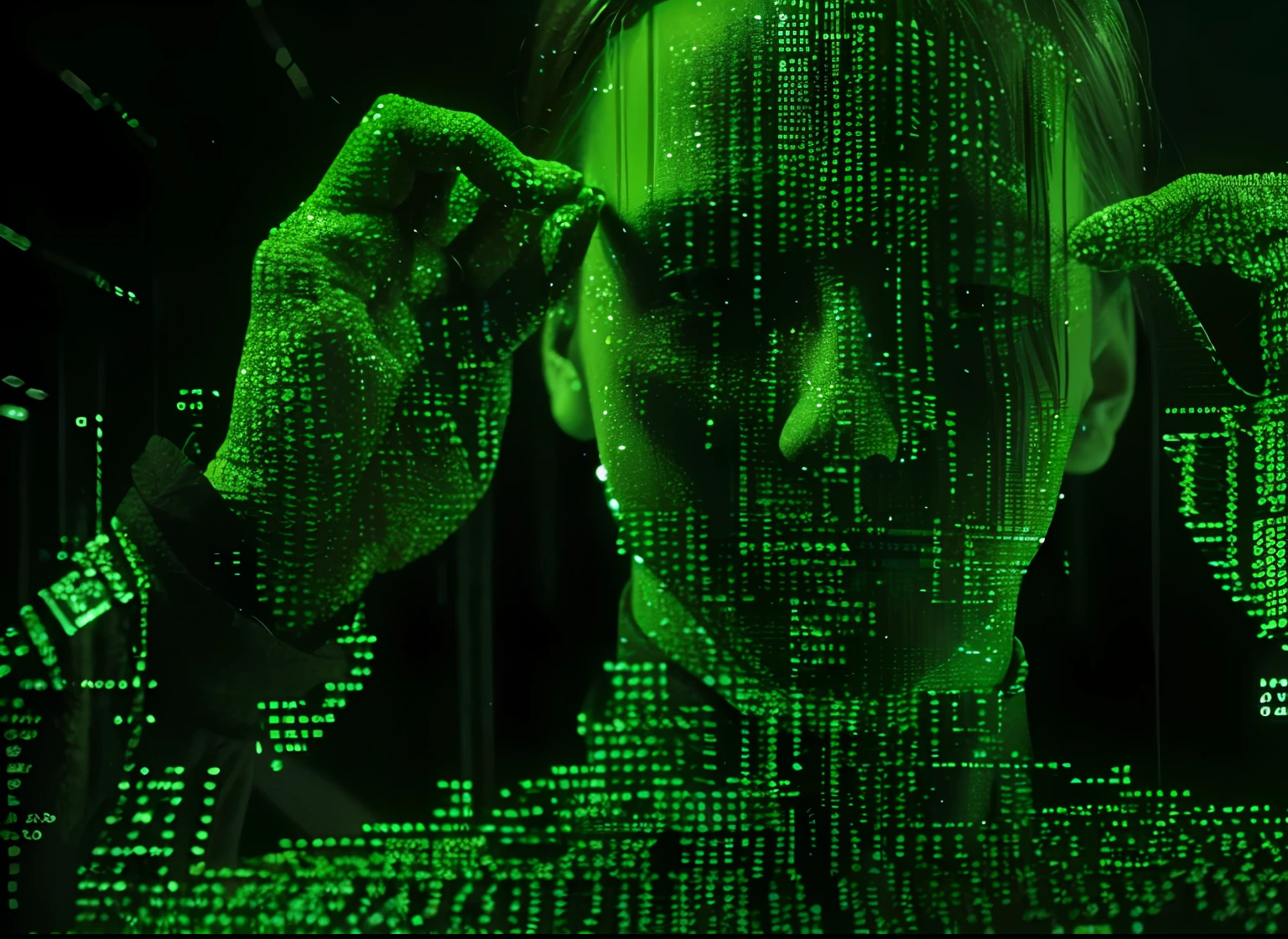 a close up of a person with a green face and a green background, green matrix code, matrix film pinterest color, movie still from the matrix, neo from the matrix, matrix code, still from the matrix, neo from matrix, wires from the matrix movie, from matrix ( 1 9 9 9 ), from matrix(1999)