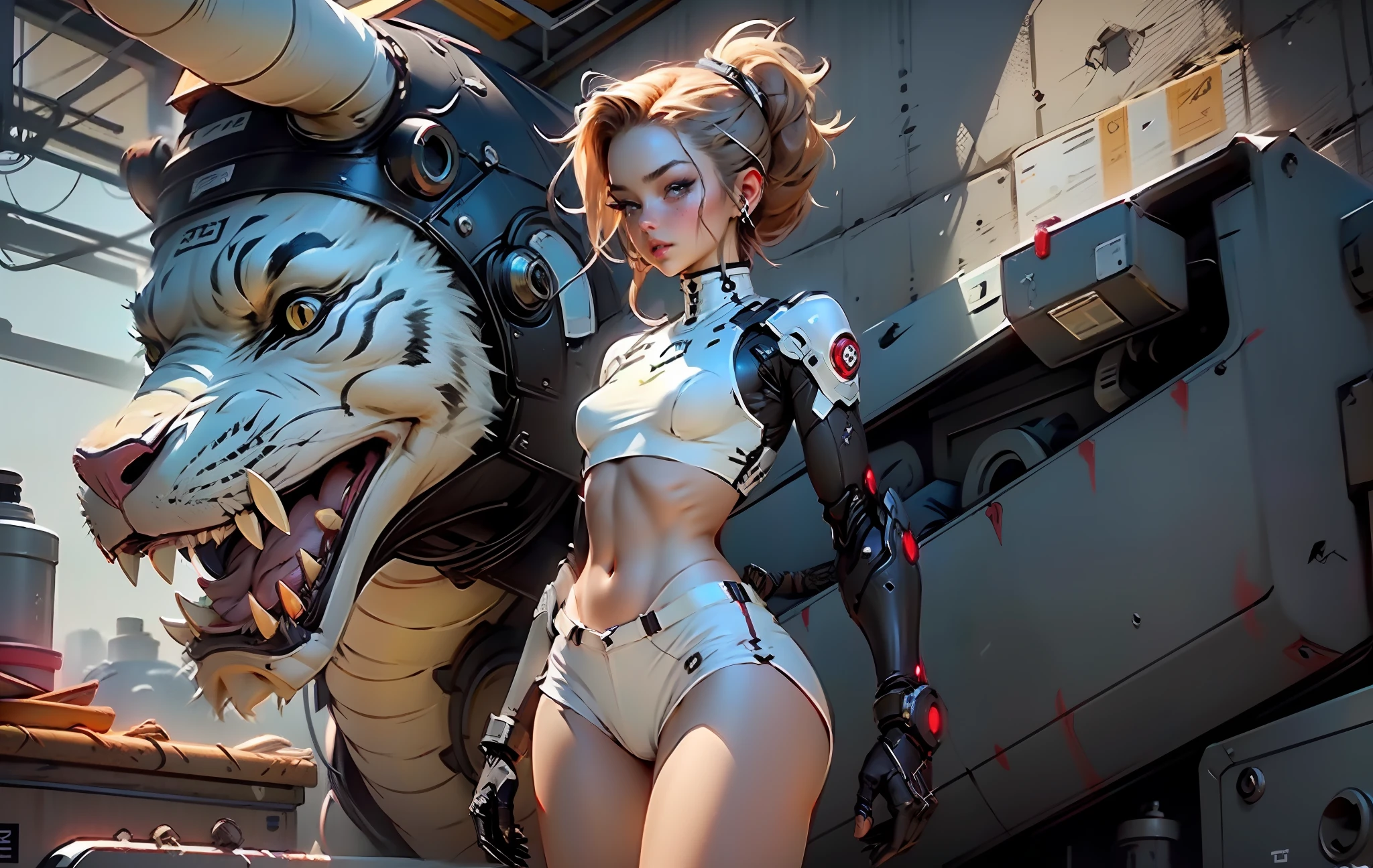 Woman body defined thick thighs cybernetic body parts, short underwear