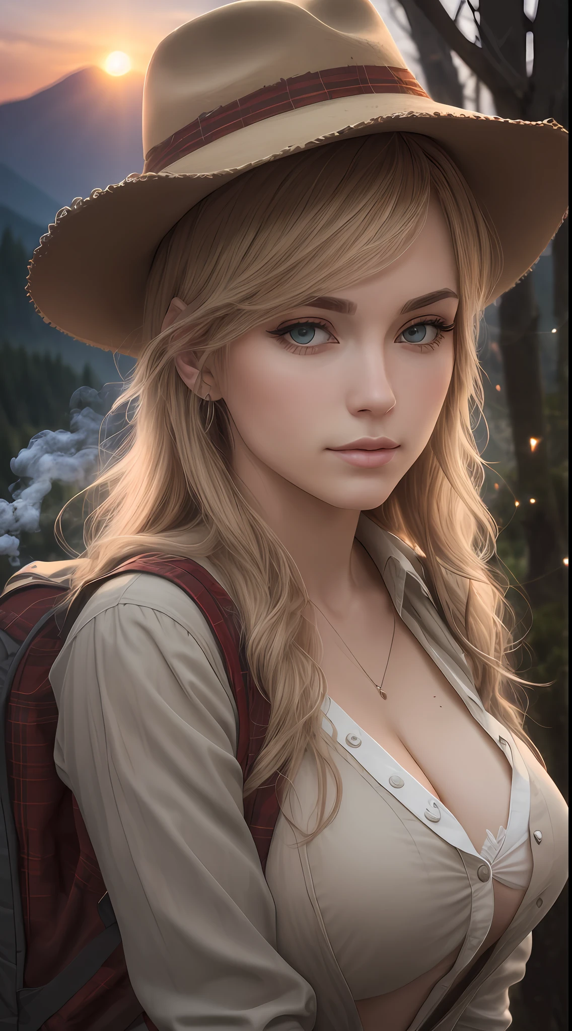 attractive nordic woman holding a lantern, soft light, shy, ((upper body selfie, innocent)), masterpiece, best quality, ultra-detailed, solo, outdoor, (sunset) , mountains, nature, (stars, sun) , shy, backpack, sleeping bag, camping stove, water bottle, brown cowboy boots, cowboy hat, red plaid shirt long sleeve top buttons open to show off white blouse, top button ready to pop off holding back big breast, big brests, lantern, forest, rocks, river, wood, smoke, shadows, contrast, clear sky, style, (warm hue, warm tone: 1.2), close-up, cinematic light, side lighting, ultra high resolution, best shadow, RAW, upper body, wearing lingerie, seductive look, huge breasts, 4k, open neckline, sexy --auto --s2