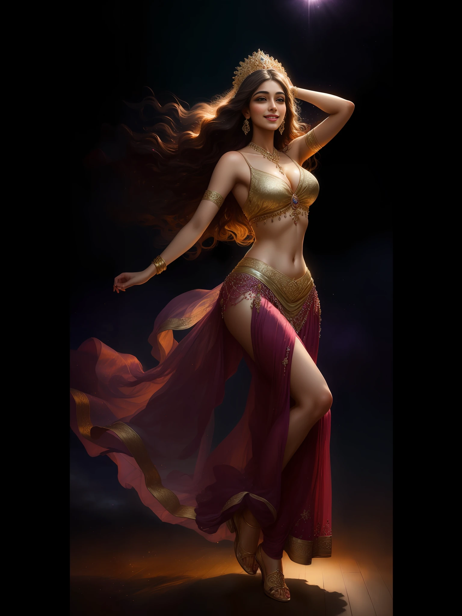 (full body masterpiece photography realistic) of a (solo:1.2) alluring sexy ravishing curvy dusky belly dancer padmapriya, belly dancing in a party (wearing ravishing [violet|MAGENTA|gold] bedlah:1.3), magical moonlit starry sky, flowerpunk abstract (big flowing hair with highlights), (detailed intricate face:1.3) (hair accessories), dynamic, vivacious, lustful glance, exhilarated (beautiful detailed eyes:1.1) , (passionate smile:1.3) intense dramatic lighting, depth of field, bokeh, backlit, light rays, highly detailed, trending on artstation, paint splashes, rich colour, wind all around, abstract portrait, by Ron hicks