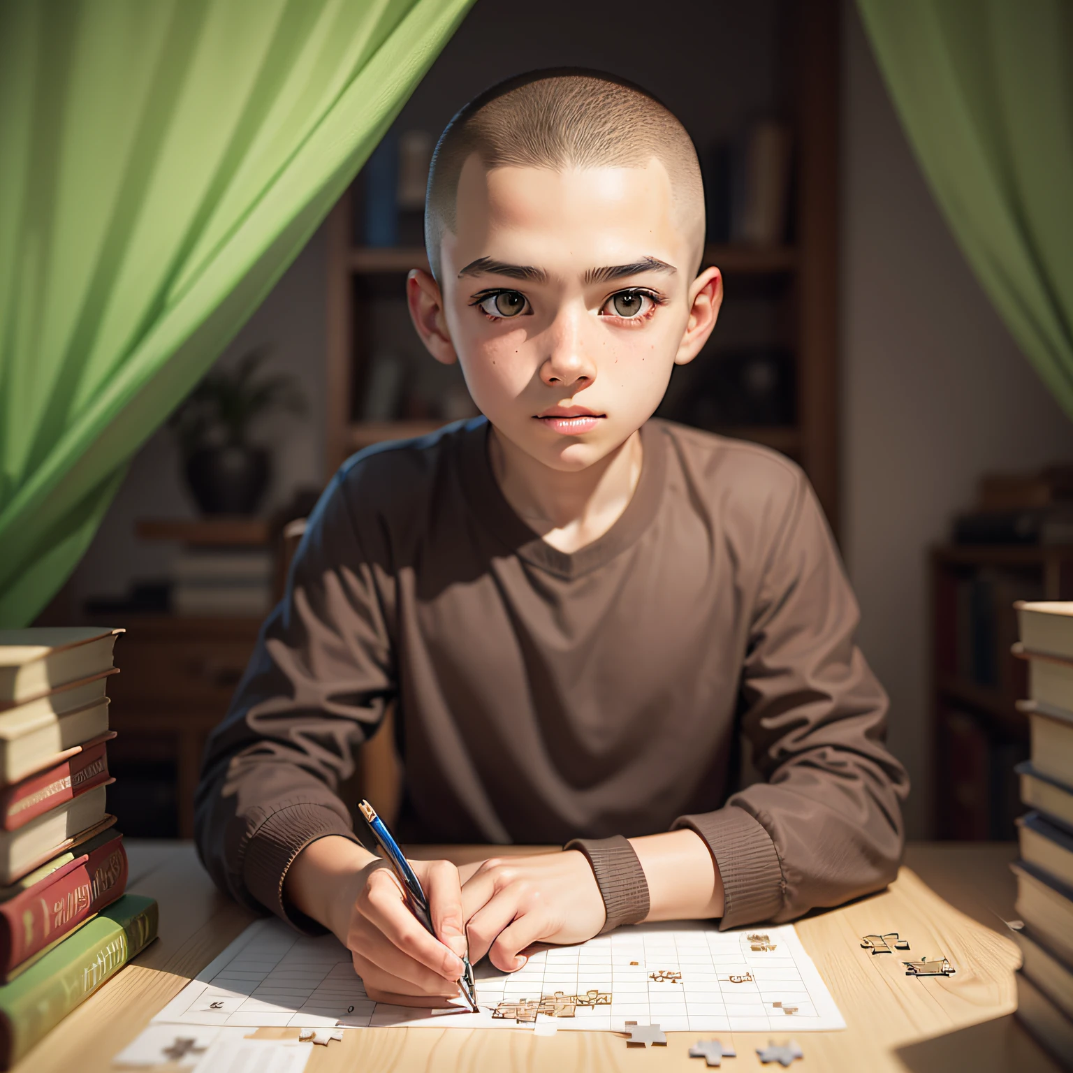 Intelligent 13-year-old boy with a shaved head, solving puzzles.