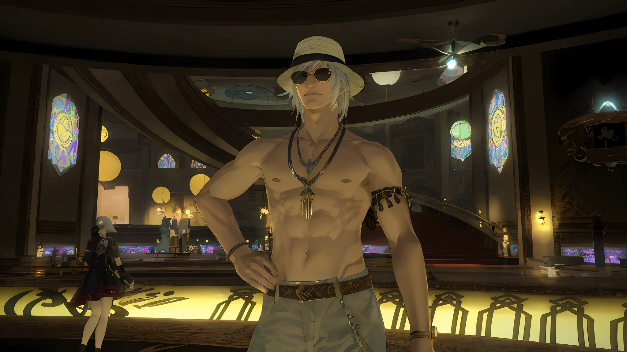 there is a man in a hat and sunglasses standing in a room, skinny male fantasy alchemist, tranding on pxiv, bald male swashbuckler, from final fantasy xiii, male with halo, skinny male fantasy scientist, final fantasy 1 2 style, npc with a saint\'s halo, npc with a saint's halo, technoviking male with no shirt