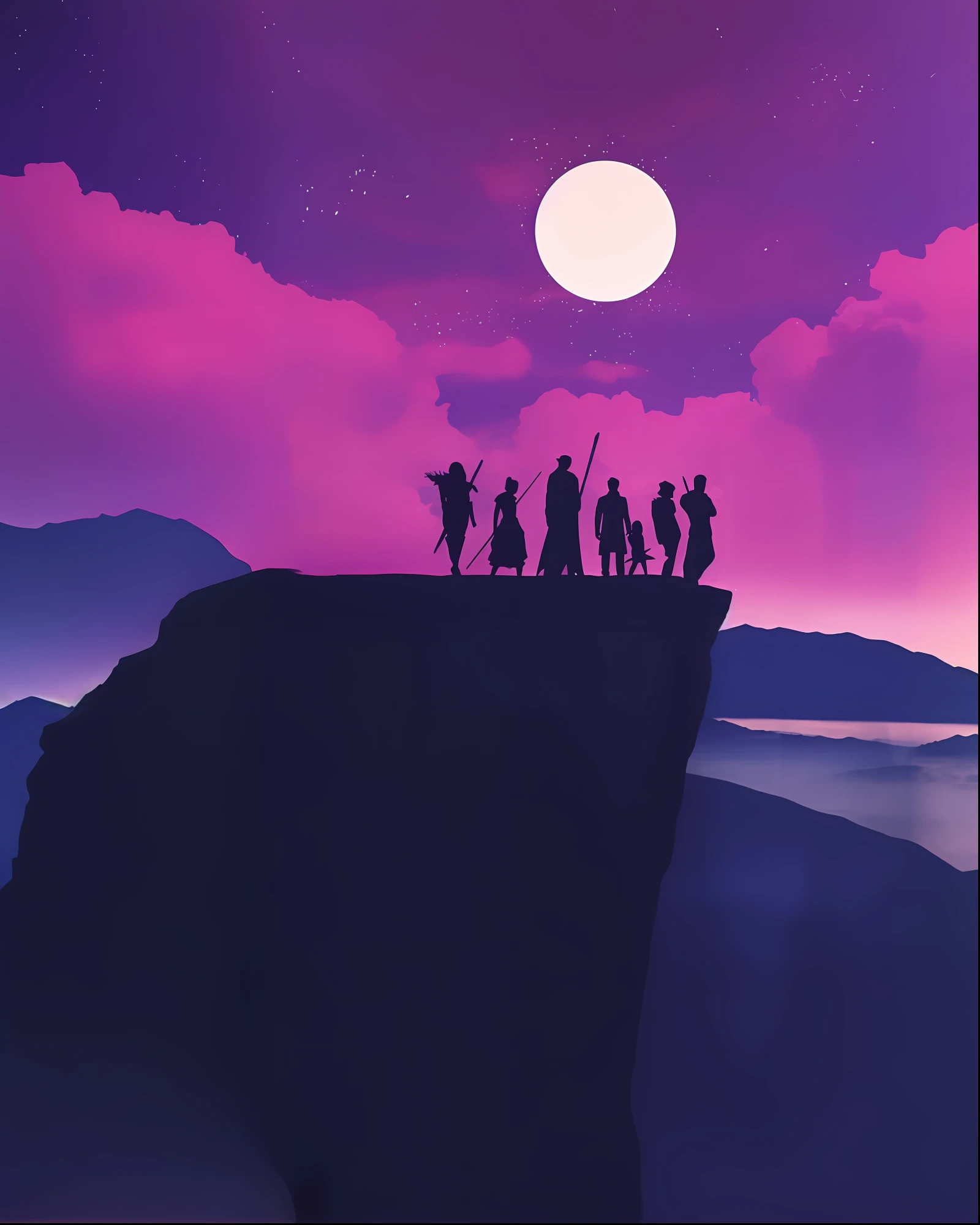 a group of people standing on top of a cliff under a purple sky, movie poster with no text, official poster, amazing wallpaper, textless, official fanart, epic poster, full poster, movie promotional image, epic movie poster, promo poster, official fan art, beautiful cinematic poster, epic poster art, mobile wallpaper, official poster artwork, poster, movie promotional art