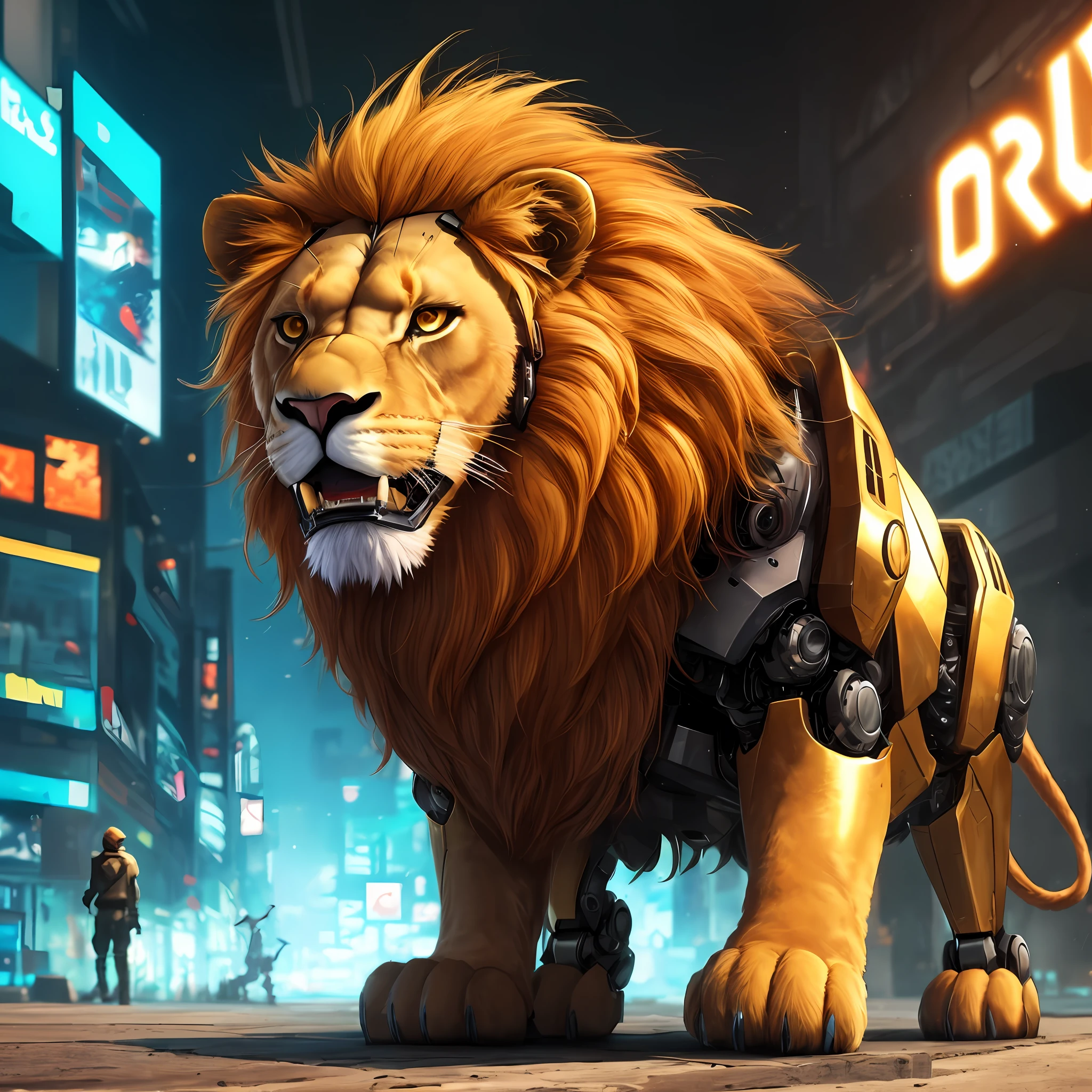 lion with golden fur, robotic paws, metallic jaw, cyberpunk scenery --auto