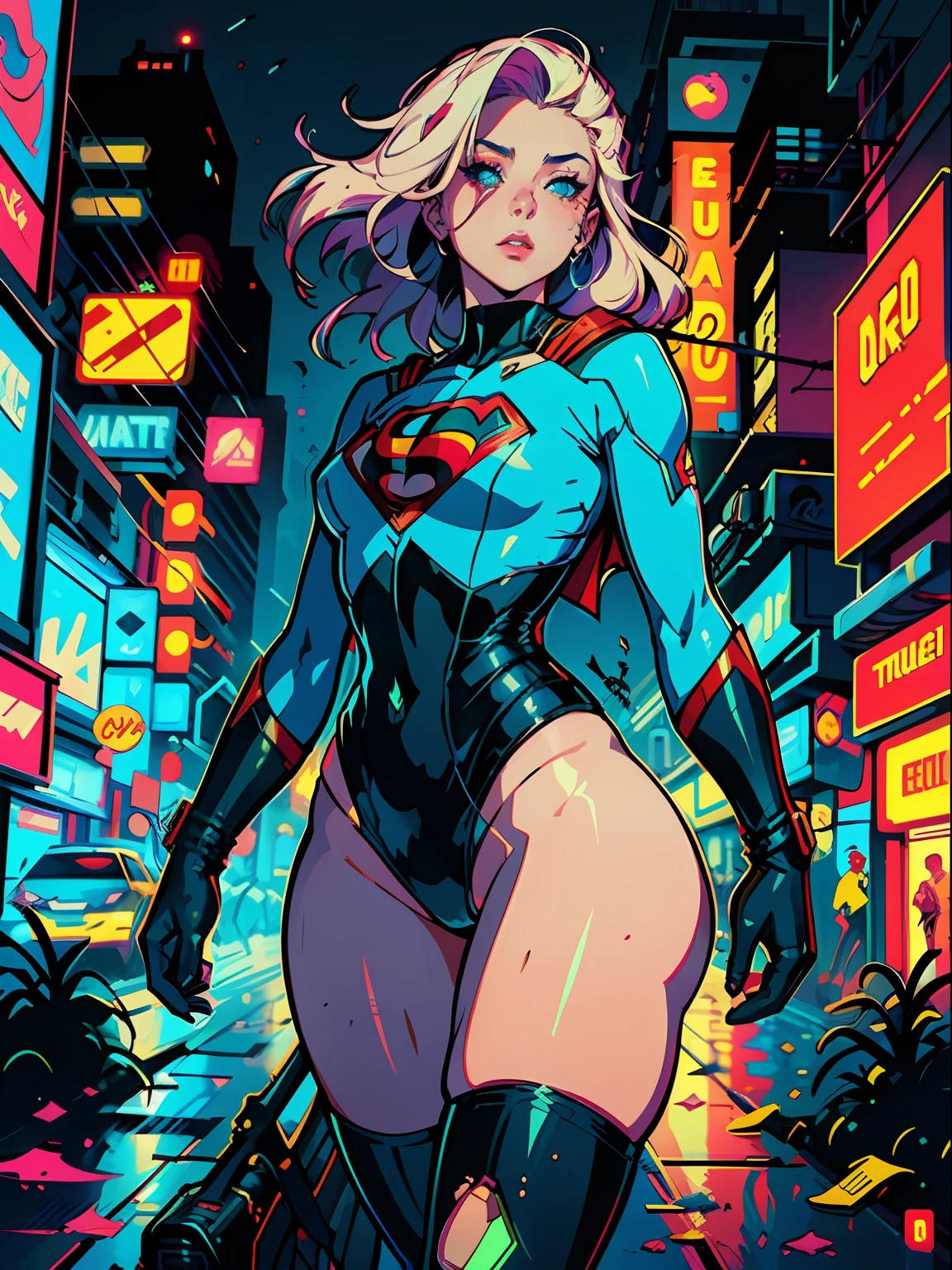 a digital painting of long-haired supergirl, cyberpunk art by Josan Gonzalez, winner of the behance contest, afrofuturism, synthwave, neon, shiny neon, thick thighs, thin waist, sensual, nsfw, little clothing, erotic art, anime, torn battle clothes