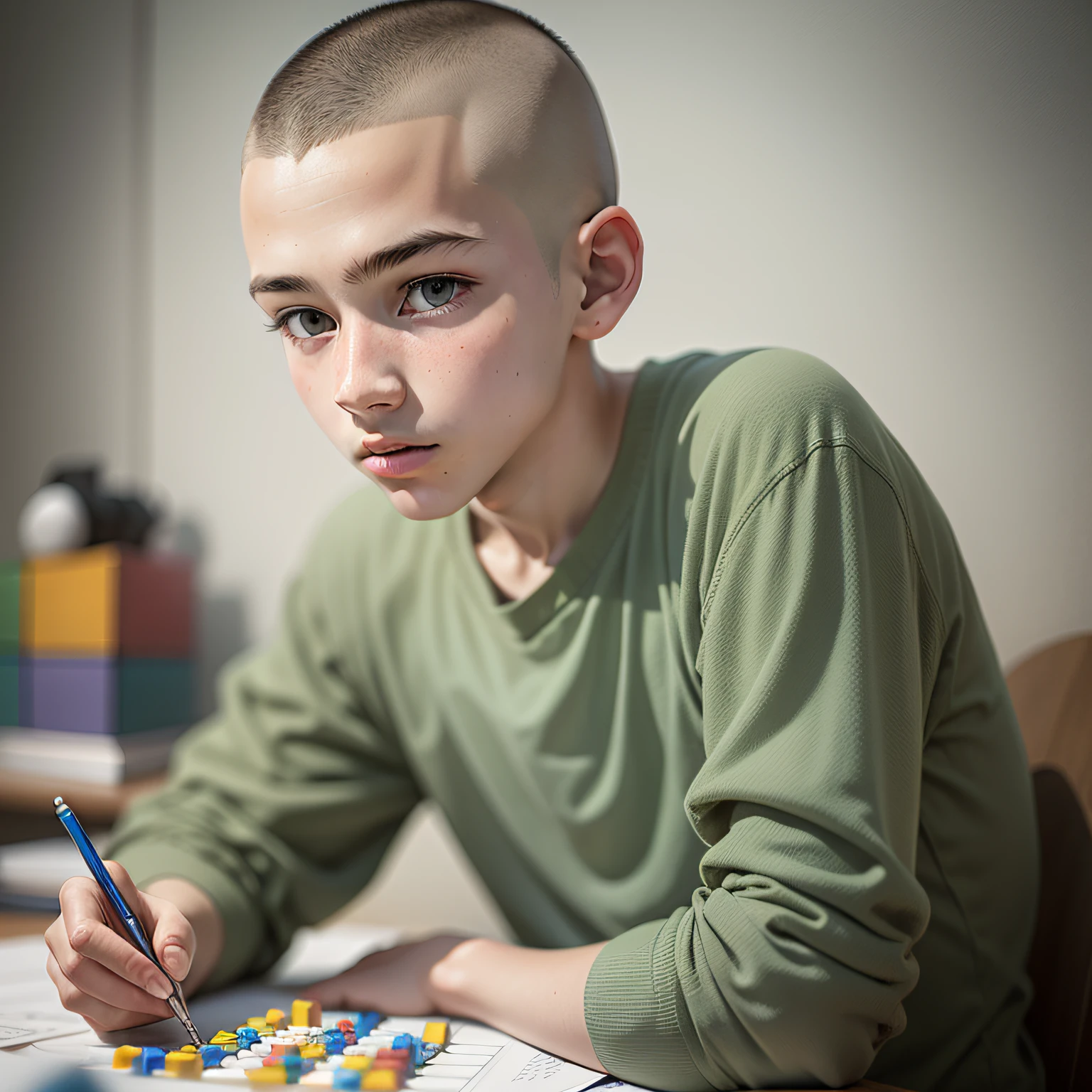 Intelligent -yeld boith shaved head, solving Rubik's Cube