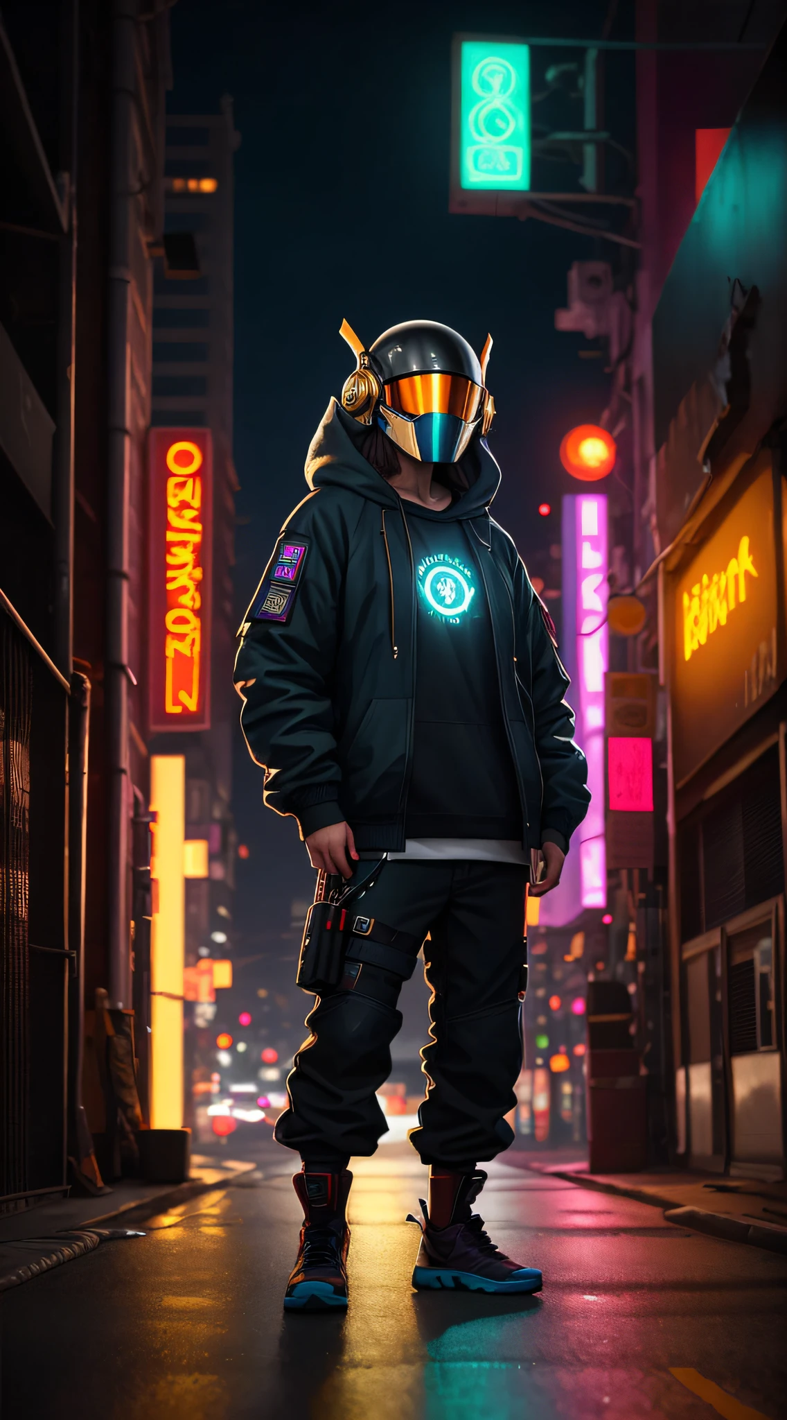 (masterpiece, full body shot, intricate raw photography)cyberpunk citizen in samurai pineapple pattern oversized hoodie, anime, rocketeer, daftpunk style helmet, neon light details, intricate, futuristic, sharp, precise focus, random pose, cyberpunk city, street neon lights, insta photo, photo of the year, cinema4d, dramatic, lights and shadows, natron, substance,  maya, rendered octane, with Rev Animated art style.