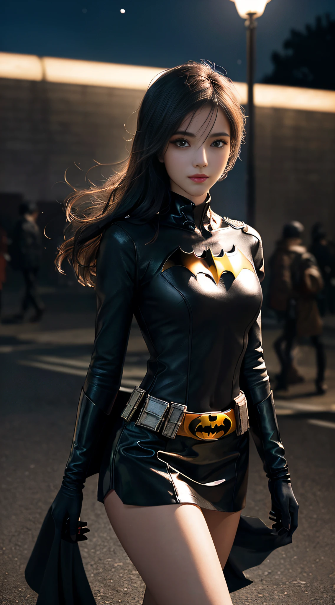 (1girl:1.3), solo, ((very detailed face)))), ((very detailed eyes and face)))), beautiful detail eyes, body parts__, official art, unified 8k wallpaper, super detailed, beautiful and beautiful, beautiful, masterpiece, best quality, original, masterpiece, super fine photo, best quality, super high resolution, realistic realism, sunlight, full body portrait, amazing beauty, sexy pose, delicate face, vibrant eyes, (from the front), female version of Batman, urban street, night falls, luxury, enchanting posture, misty eyes, miniskirt, tight leather clothing, shiny gloves, confident smile, curved posture, ultimate seduction, dark background, intense light and shadow, soft moonlight, fluttering in the wind, seductive lips, sexy mysterious, captivating, glamorous, unique charm, highly detailed skin, realistic skin details, visible pores, clear focus, 8k uhd, DSLR, high quality, film grain, fair skin, photorealism, lomography, the huge metropolis of the dystopian of the future,