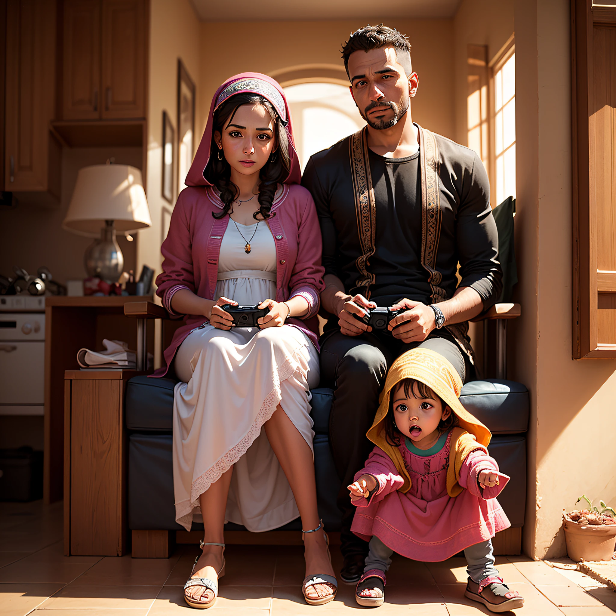 a Moroccan couple And their little girl play on Xbox --auto