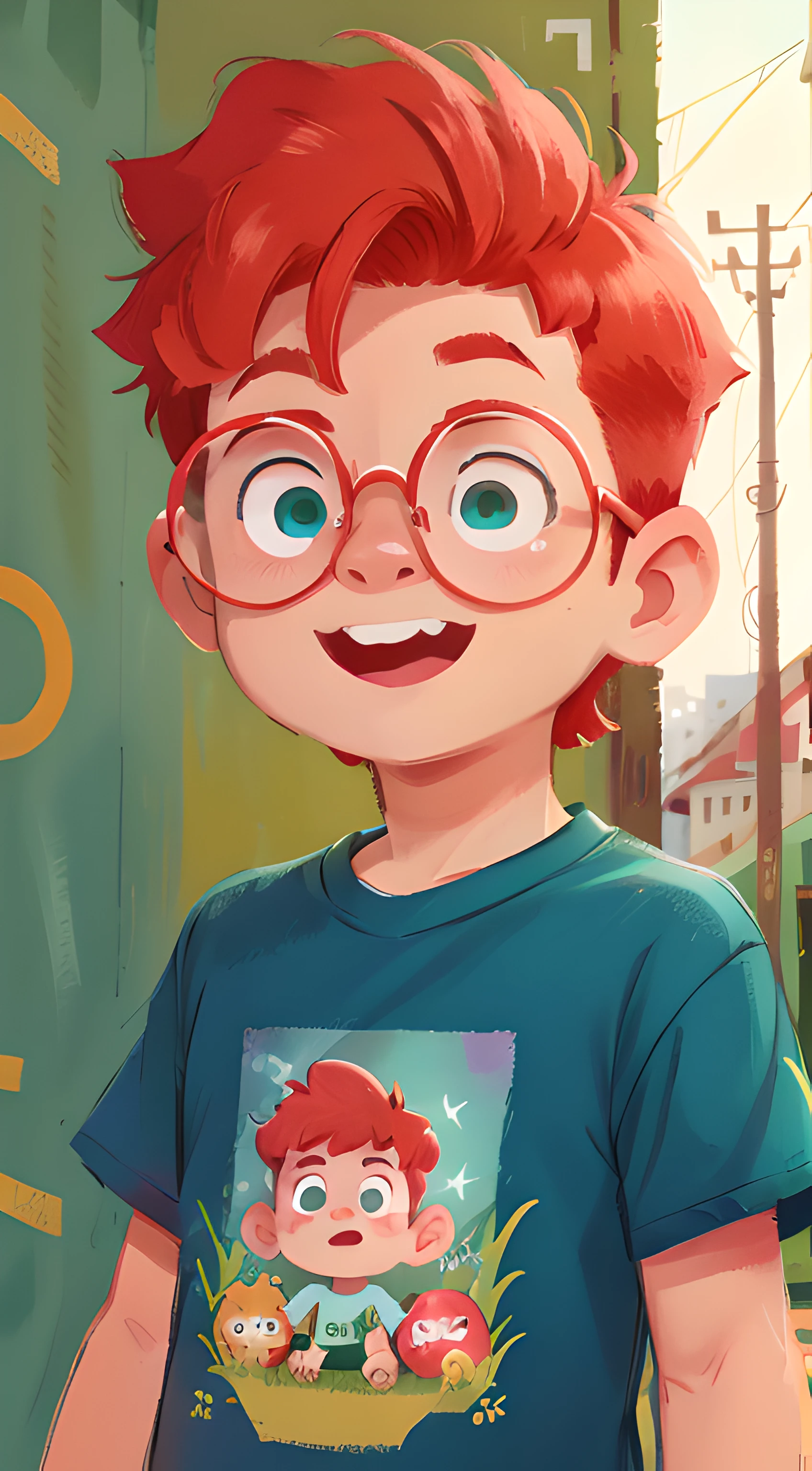 (face only) A red-haired boy, (highlighted) blue square glasses, red and light green shirt, (highlighted) underneath the slogan: MIGUELITU PRO, in the favela in the background, happy, perfect quality, clear focus, (realistic: 1.2) (bokeh) (best quality) (detailed skin: 1.3) (complex details) (8K) (detail eyes) (sharp focus), (happy)