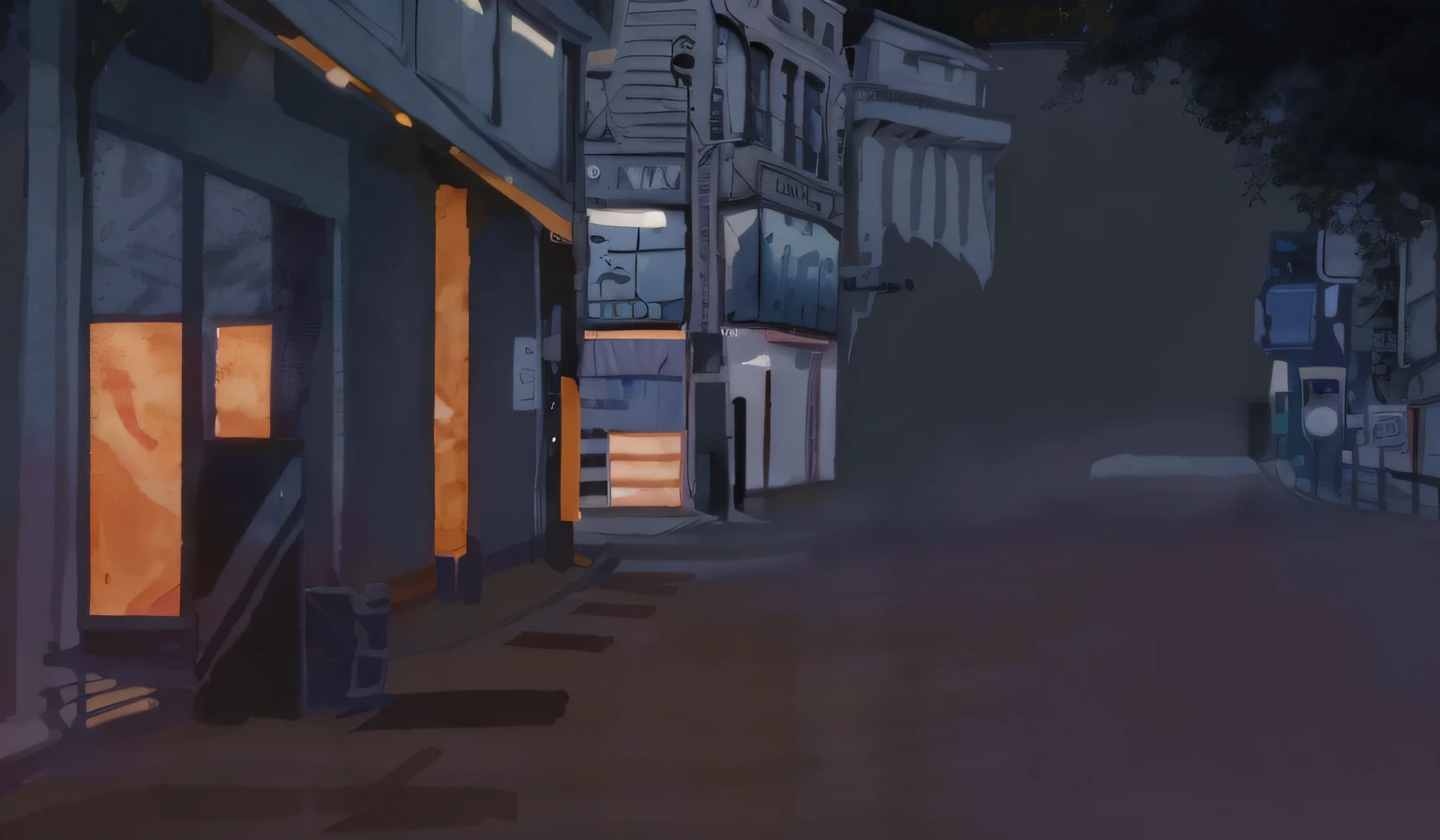 there is a painting of a street with a building and a person walking down it, street background, hard light digital painting, low detailed. digital painting, lighting study, anime style cityscape, street city night, nightlight study, calm night. digital illustration, twilight ; digital painting, night street, dusk on a city street, street night, background art, anime background art