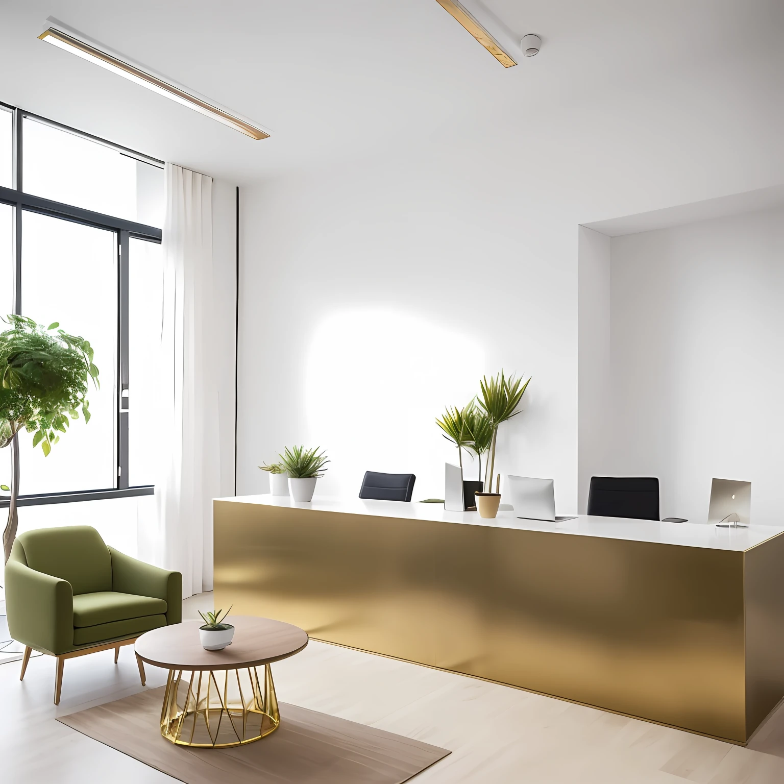 There is a very small and minimalist but modern office, with light colors and gold, facing the organic counter of the reception, on top of it there is a small potted plants, and appears on the side armchairs. On the wall has few details combining boiseries --auto