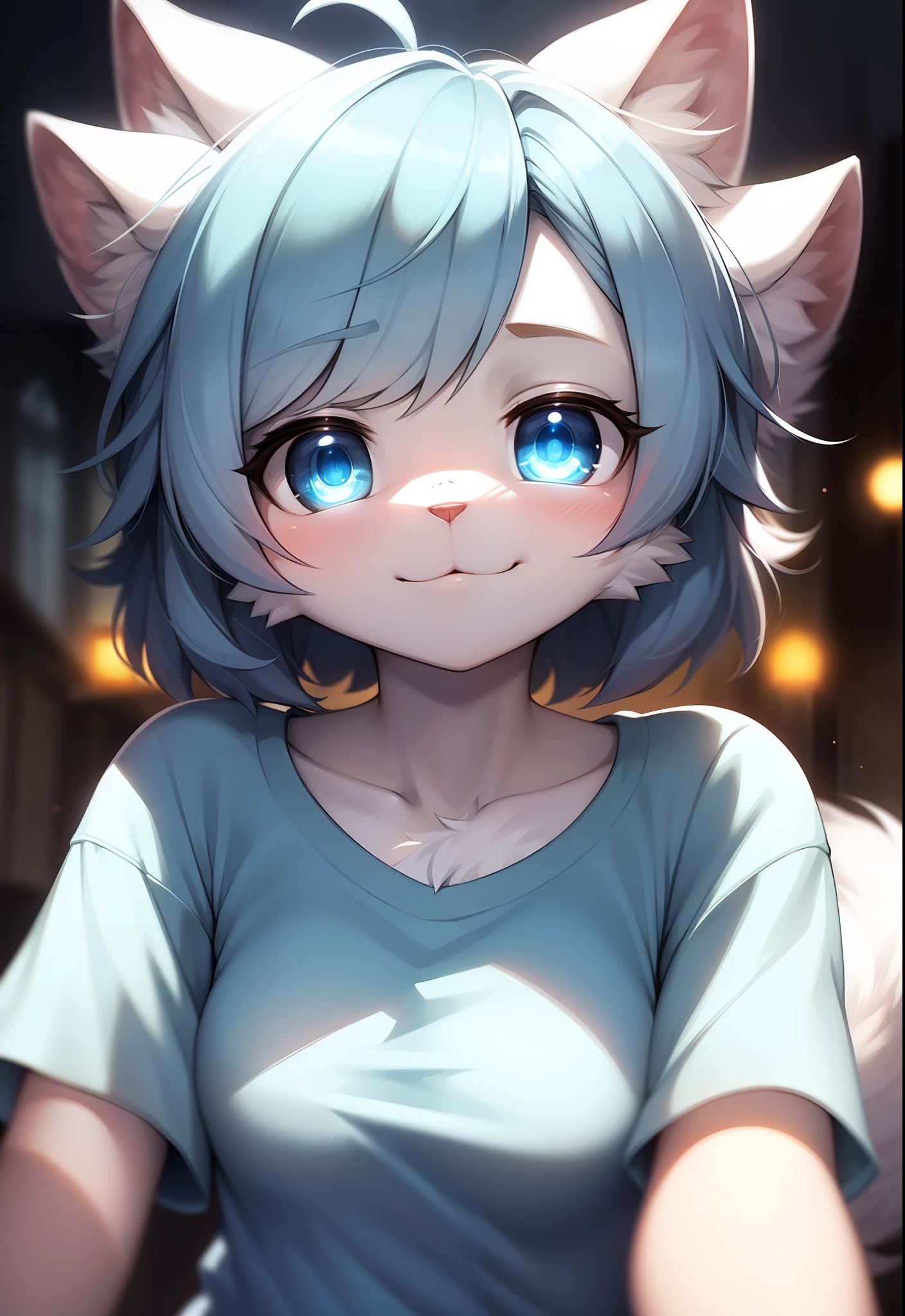furry, white fur, ultra cute face, blue elements in the fur, bright t-shirt, beautiful lights and shadows, ambient light, ultra detailed hair, volumetric light