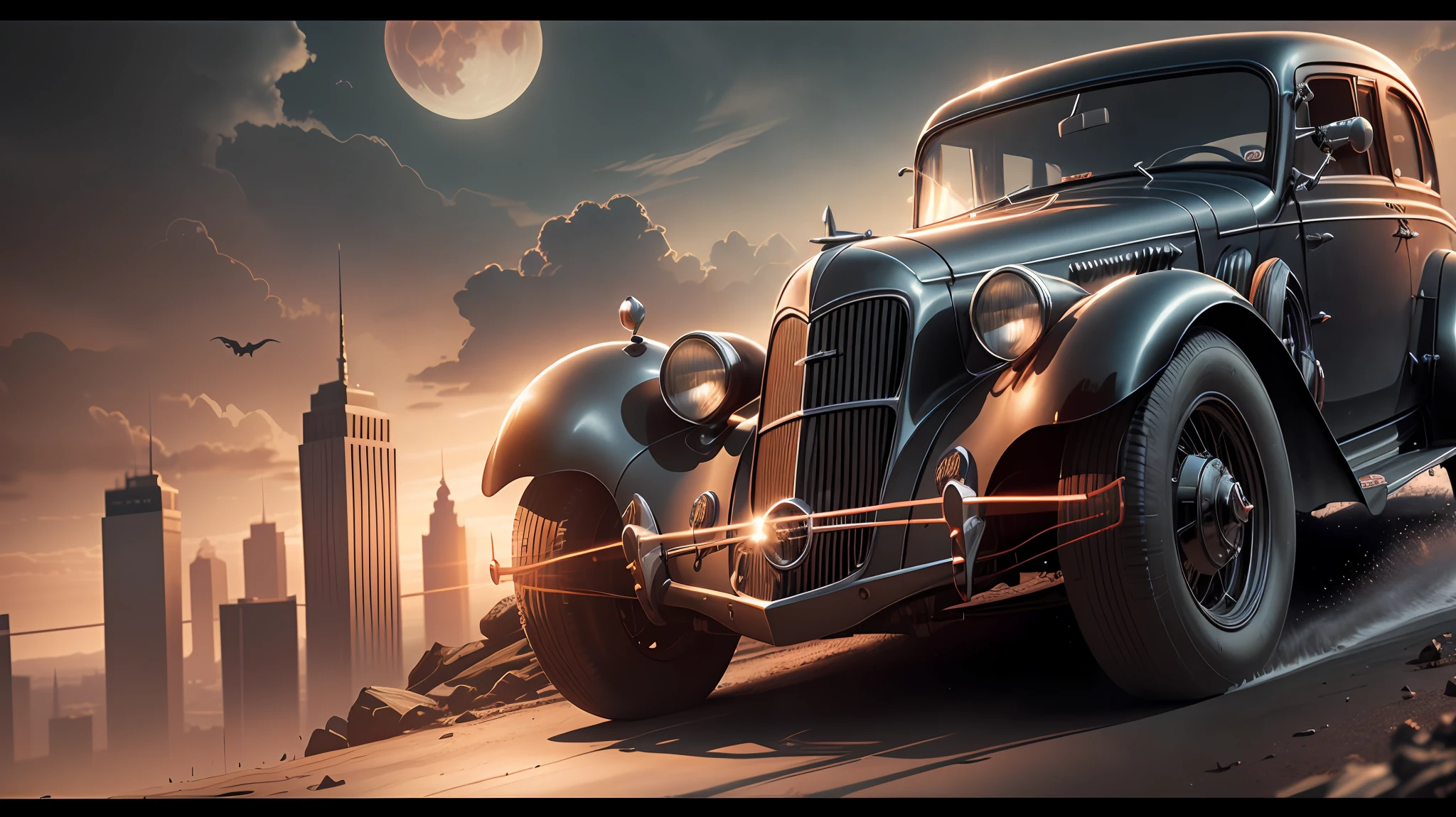 In the style of an oil painting, (((a 1936 classic car: Phantom III))), (Hallucinating Colorful Soap Bubbles), SKY RESCUE, NEON LIGHTING, AT NIGHT, ON THE STREETS OF NEW YORK, by Dave McKean and Richard Avedon and Maciej Kuciara, punk rock, Tank Girl, High detail, 8K, sharp focus, official art, Unity 8k wallpaper, ultra detailed, beautiful and aesthetic, high quality, gorgeous, masterpiece, best quality, zentangle, mandala, tangle VISUAL EFFECTS FVX