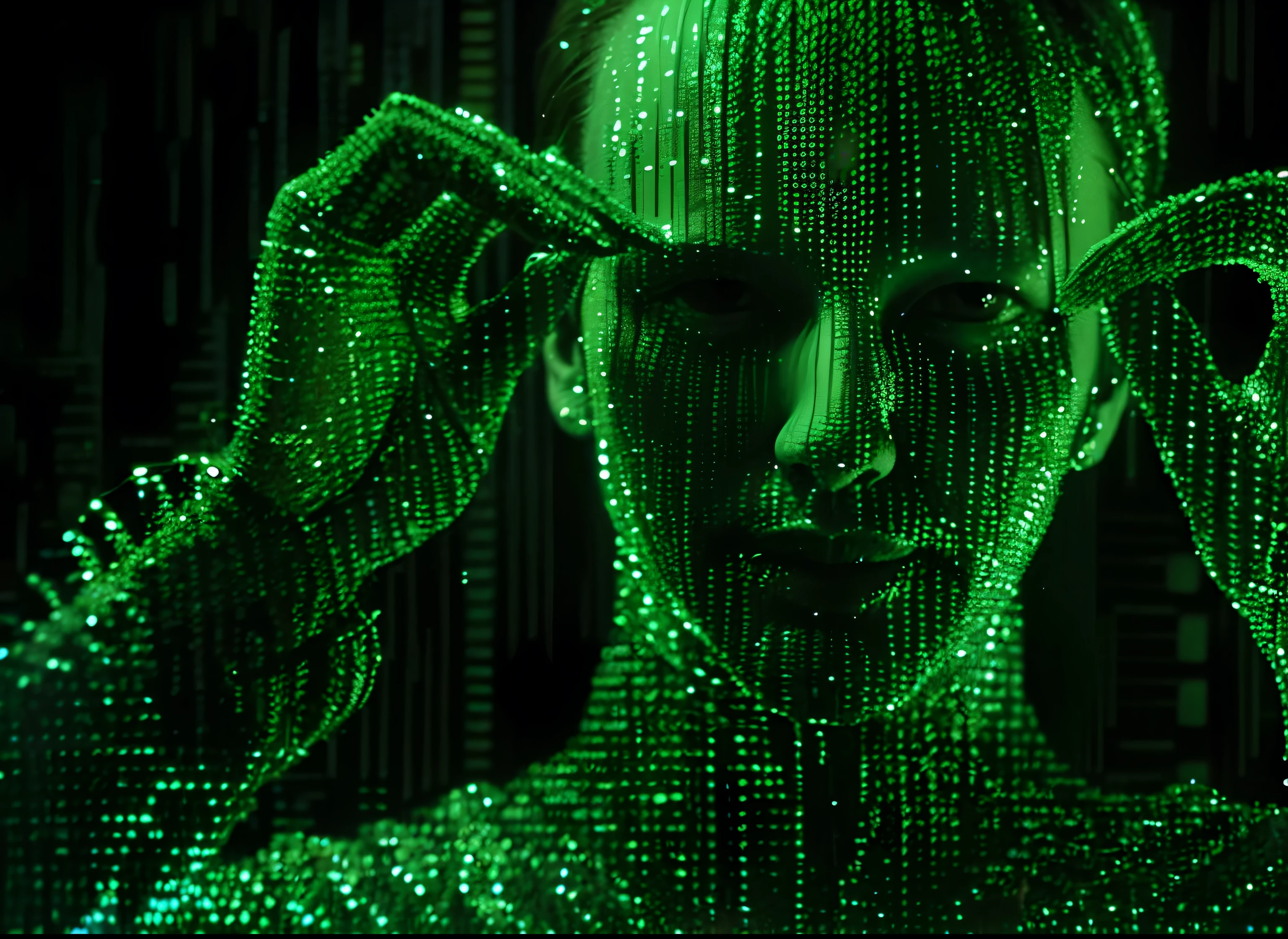 a close up of a person with a green face and a green background, green matrix code, matrix film pinterest color, movie still from the matrix, neo from the matrix, matrix code, still from the matrix, neo from matrix, wires from the matrix movie, from matrix ( 1 9 9 9 ), from matrix(1999)