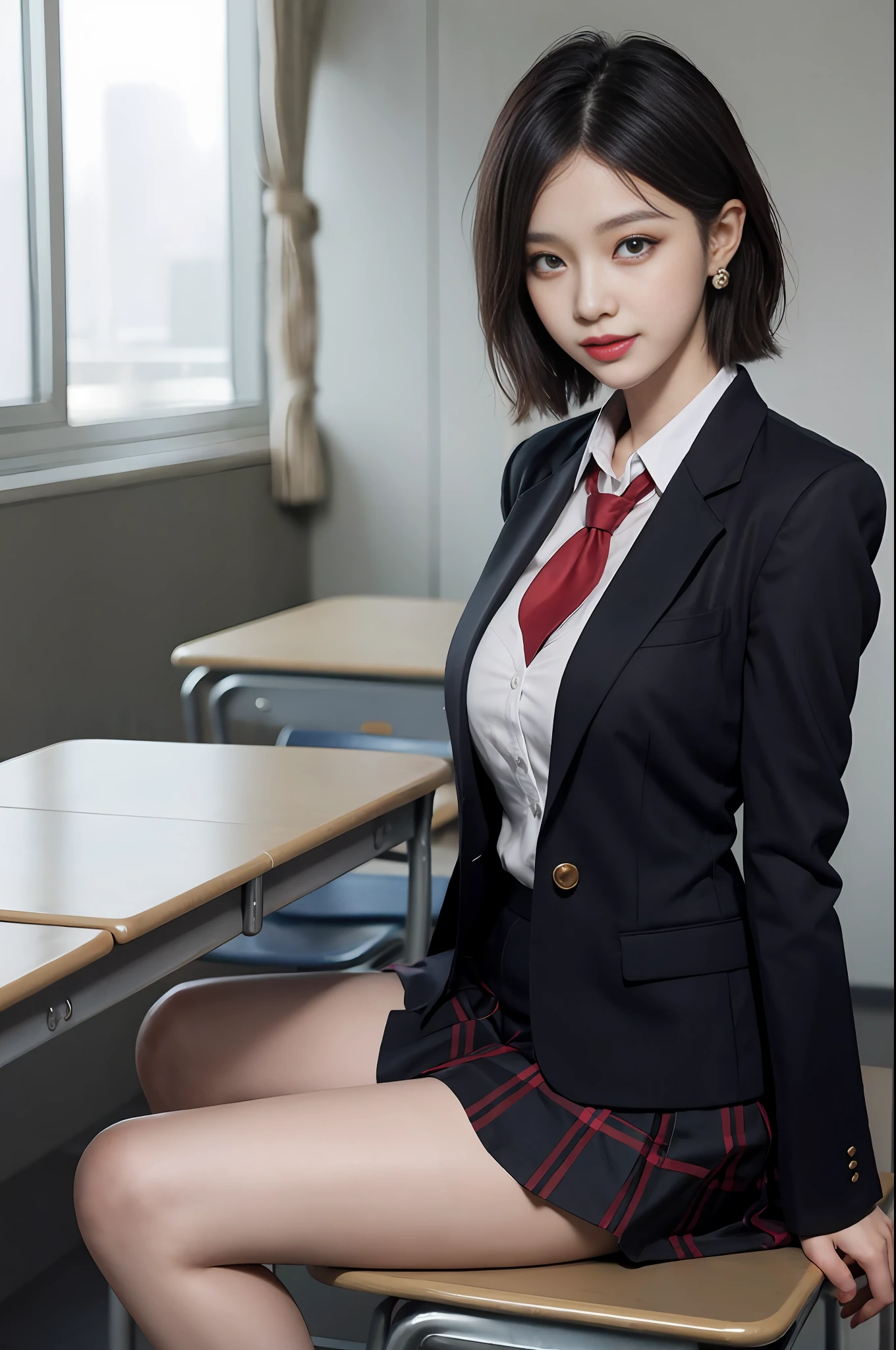 8K RAW photo, high resolution, 21 year old cool Korean, big round breasts, school uniform, tie, tie ribbon, blazer, skirt, beautiful eyes in detail, long eyelashes, beautiful double eyelids, eye shadow, slit eyes, sanpaku eyes, dark eye makeup, evil smile, beautiful thin legs, short hair gathered at the back, earrings, school classroom