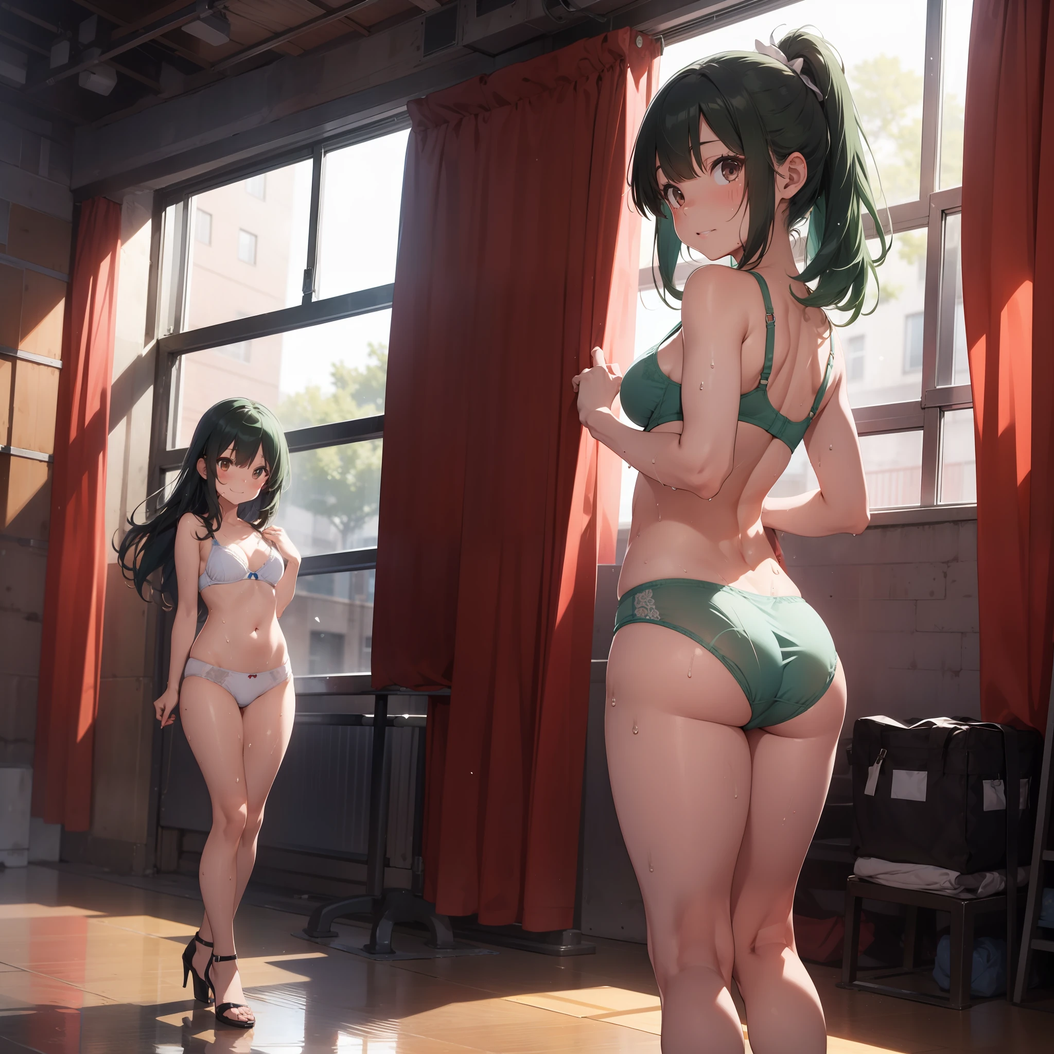 girl, dark green hair, hair loose, in white underwear, naked, white bra, thong, pulls panties, small breasts, legs apart, wet underwear, visible whole body, underwear shines through, sweat, wet with sweat, shin, heels, feet, undress, sly grin five fingers, detailed hands, very thin, brown eyes, (lying on the stage), full auditorium, the audience facing the stage, the audience with their backs to the viewer,  Tribune on stage, many spectators, long hair, red curtain, girl in front of the curtain, gym, bag on stage, view from the crowd, touching herself