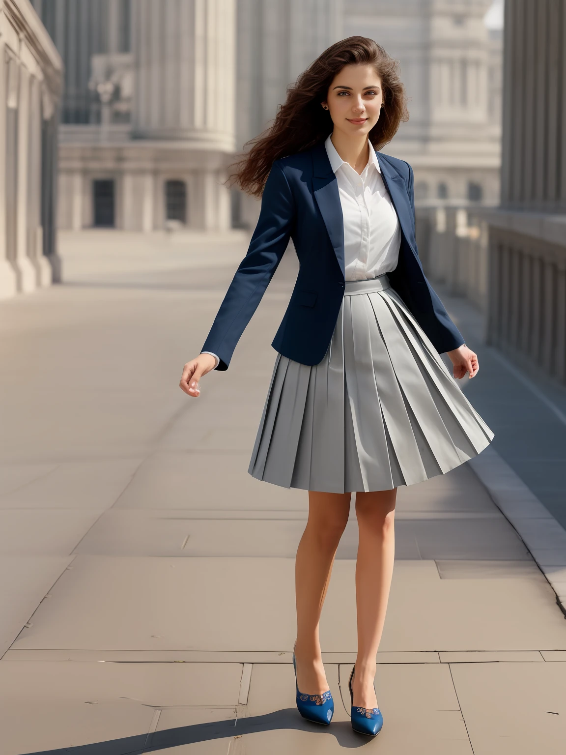 authentic (kind and tender) good woman wearing a short blazer with a very very detailed (long (fully pleated) full circle skirt) and (simple) low heeled office shoes, very very intricate hyper-detailed symmetric (attractive graceful young feminine face) with (sad, tired eyes and shy smile), full of empathy and compassion and love, (pronounced (feminine) features), (highly detailed ultra accurate realistic) hands and fingers, ((windy conditions and wind blowing)), epic composition, highly detailed attributes, highly detailed atmosphere, (35mm f1.4 Kodak portra 400 photograph), extremely high quality RAW photograph, detailed space operation communications background, intricate, Exquisite details and textures,