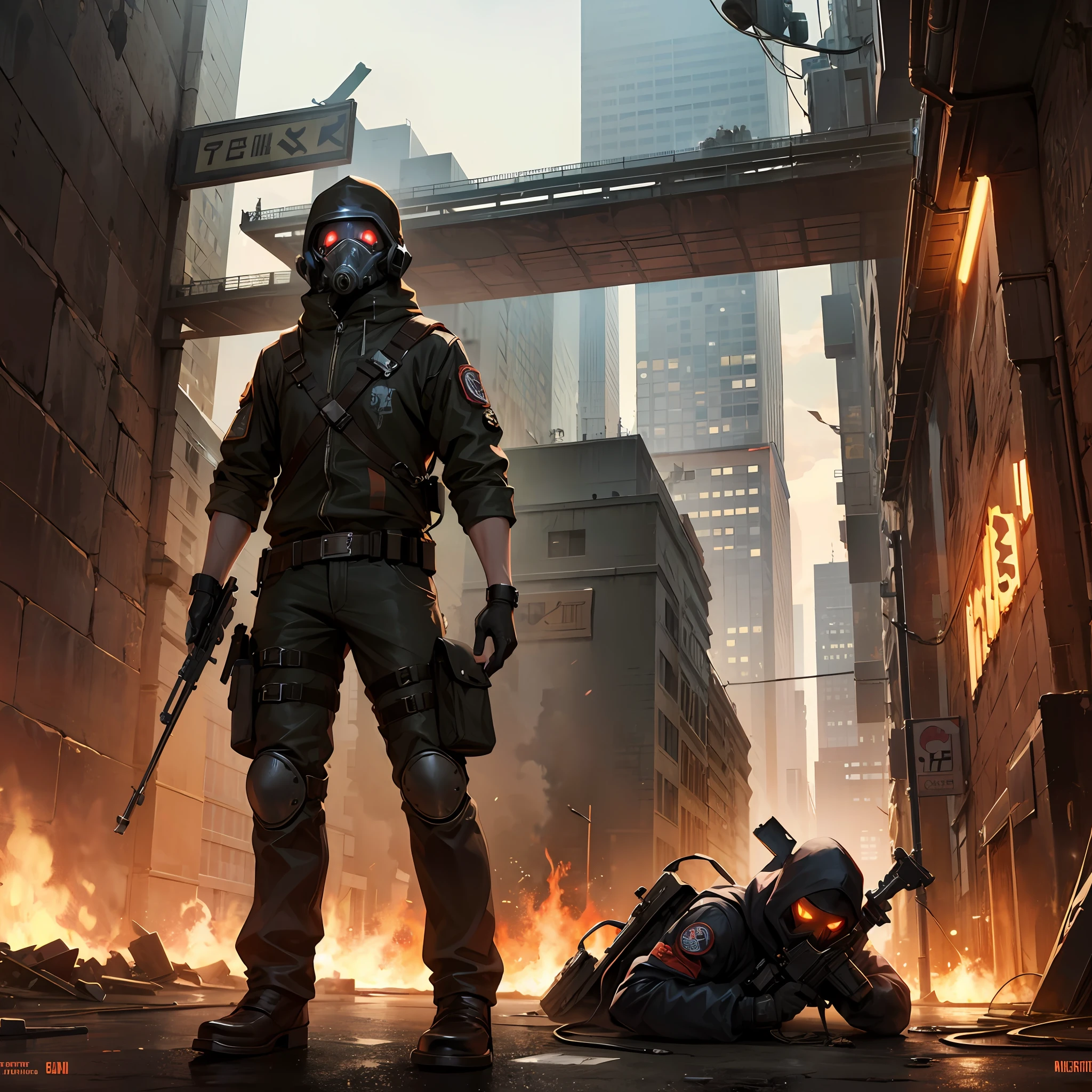 postapocalypse, badass gritty bounty hunter, gas mas, survival gear, cinematic