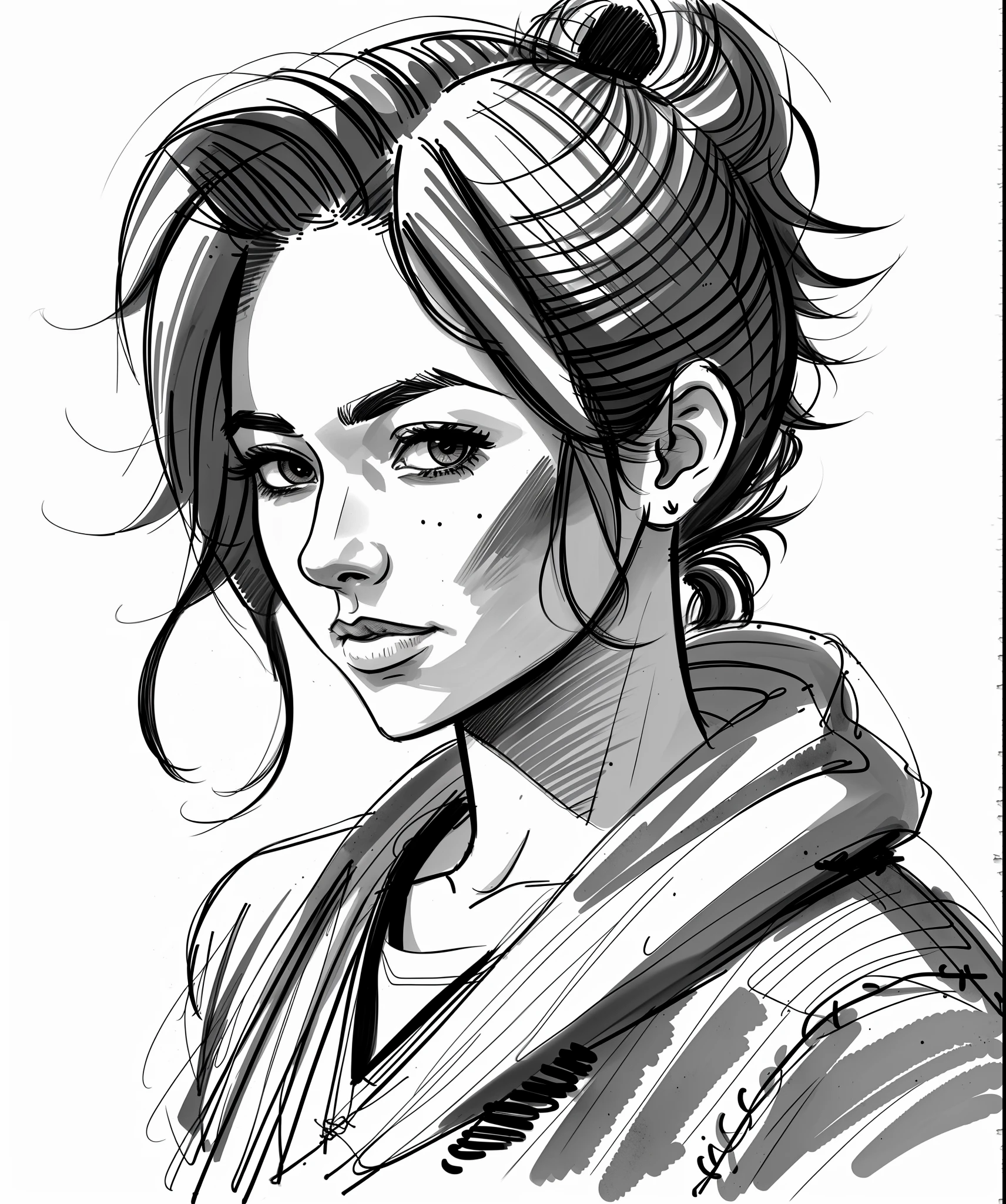 sketch artstyle, Isaura Ojeda in casual clothes, grayscale, monochrome, ((solo))