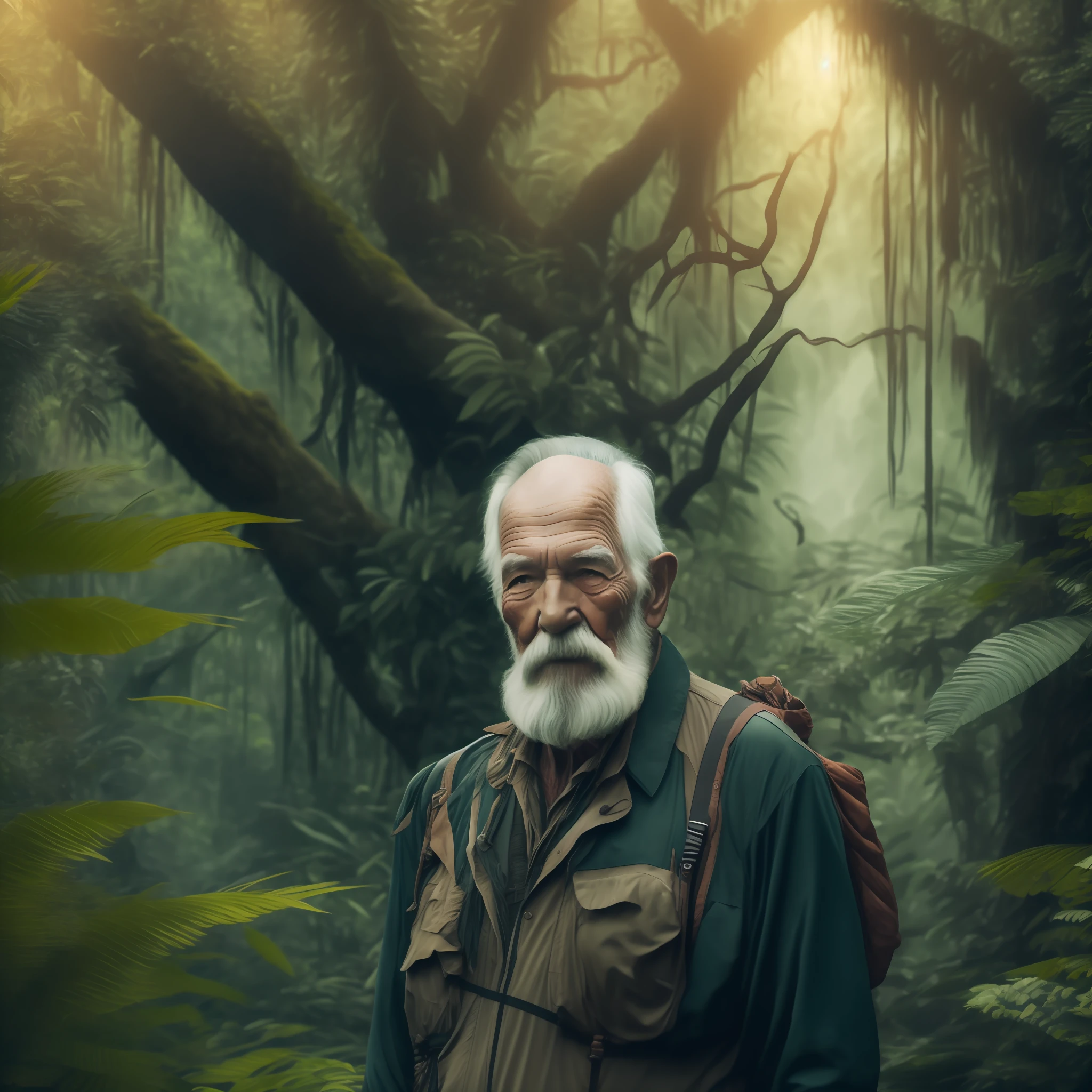 Photo of an old man in a jungle, looking at the camera, wisdom