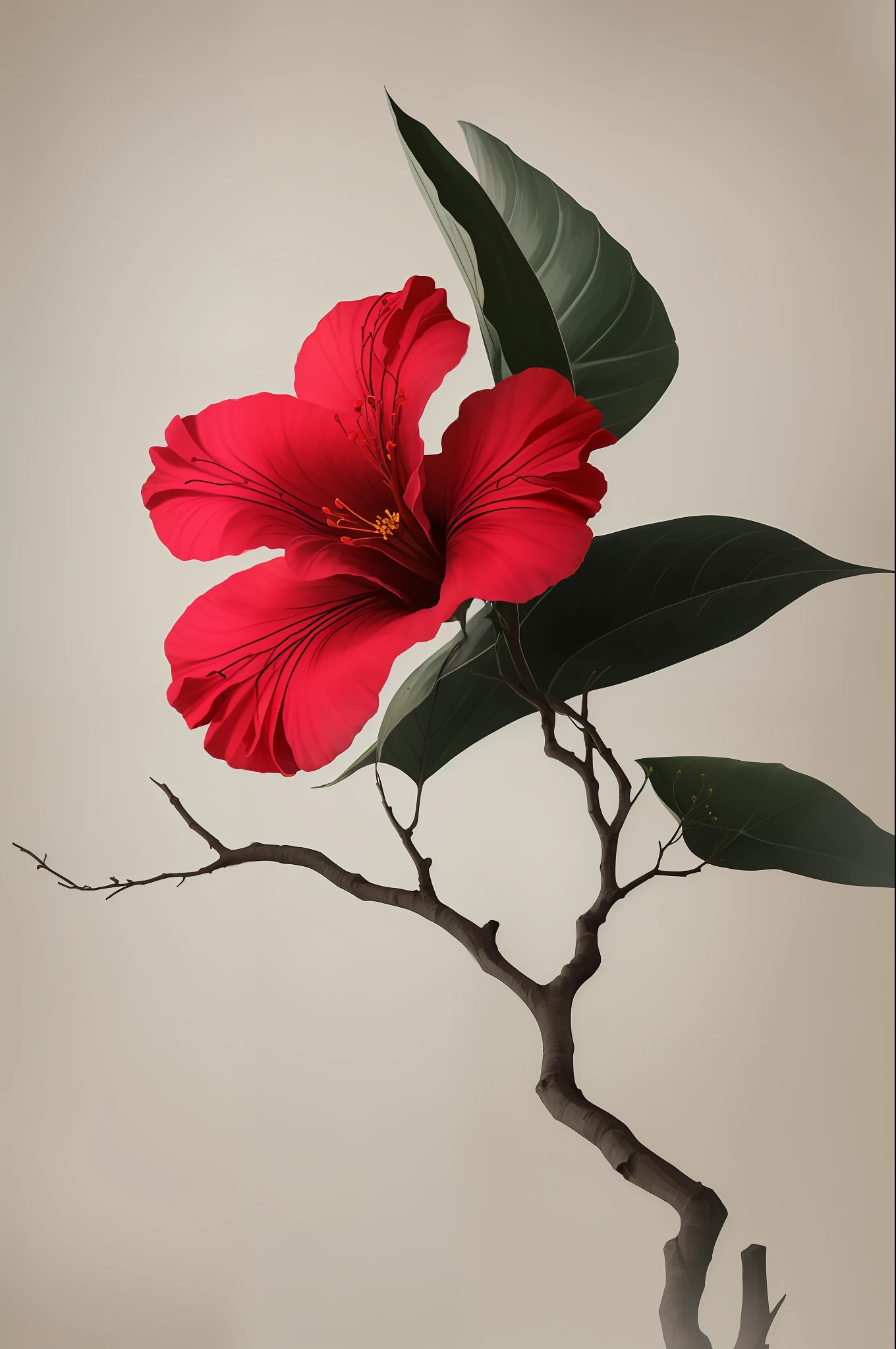 hibiscus flower blooming on a gnarled branch against a grey background, simple background, in the style of light orange and light beige, minimalist images, photography installations, paleocore, green and crimson, hyper-realistic, poetic intimacy