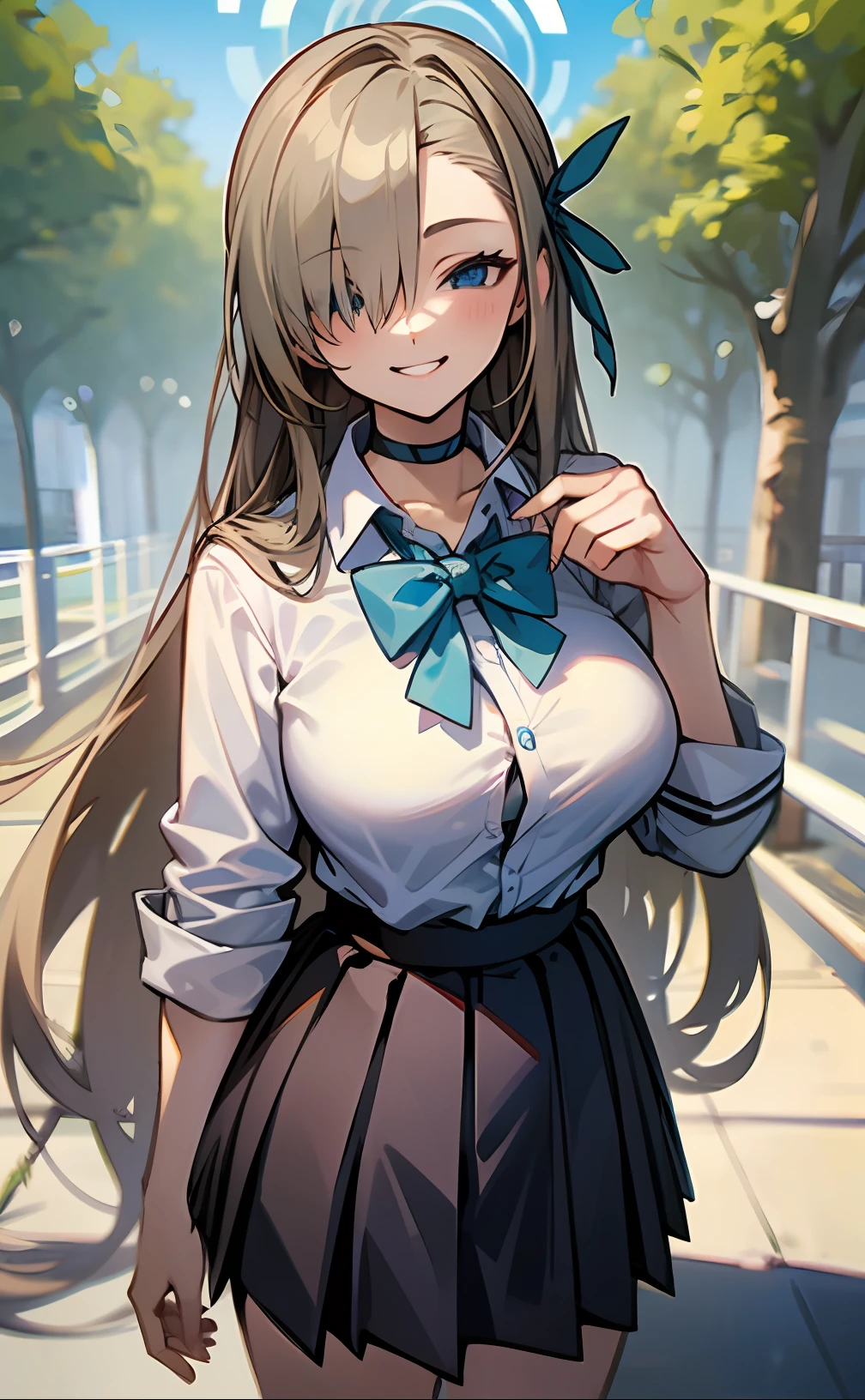 1girl, asuna, blue eyes, long hair, halo, hair over one eye
school uniform, white shirt, sleeves rolled up, black choker, black skirt,  blue bowtie
large breasts, unbuttoned shirt
hand on hip, smile, pov, fullbody, shoes, very long hair, outdoors